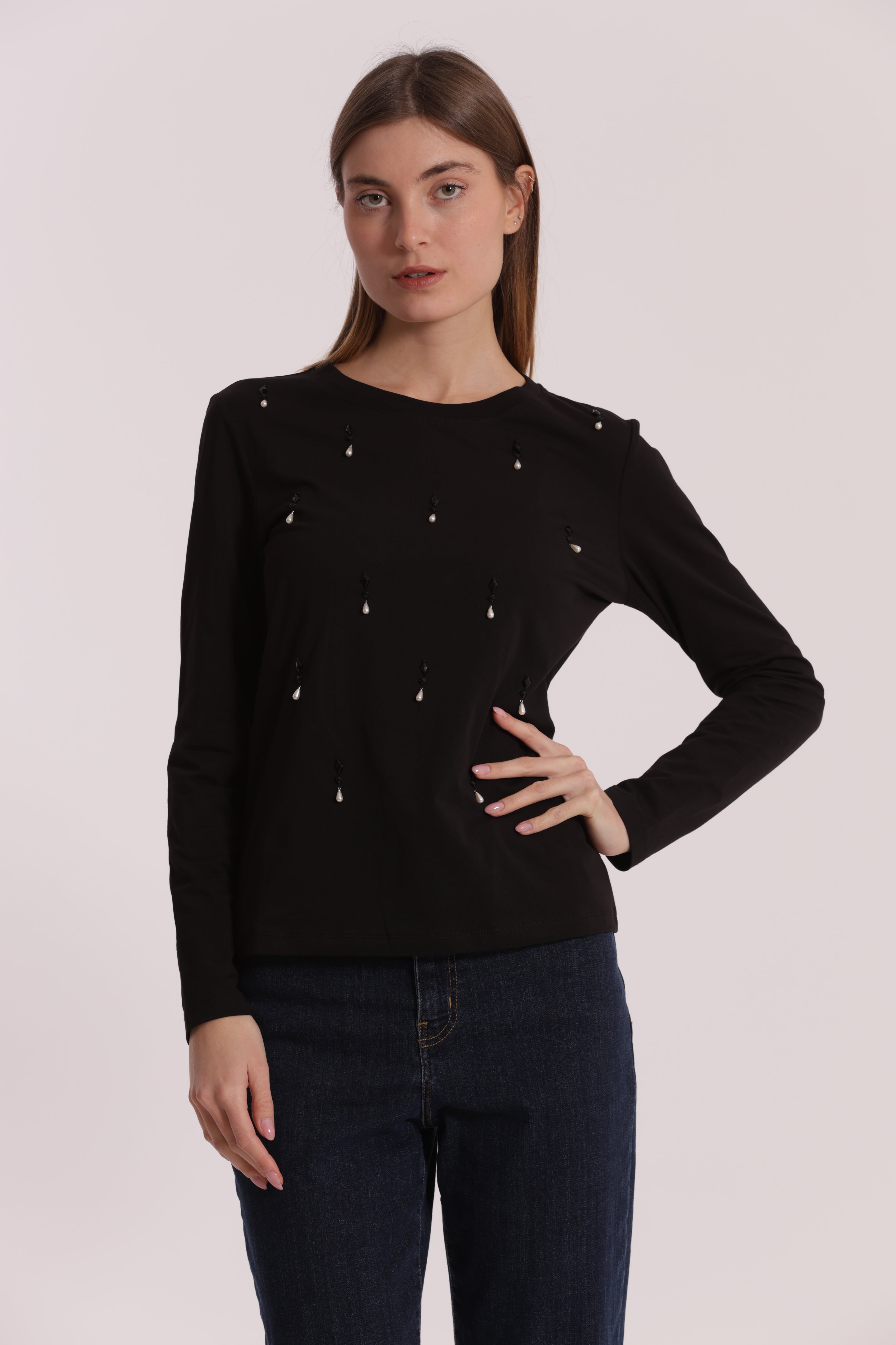 Mimi Mua Pioggia di Perle T-shirt Cotone Nero