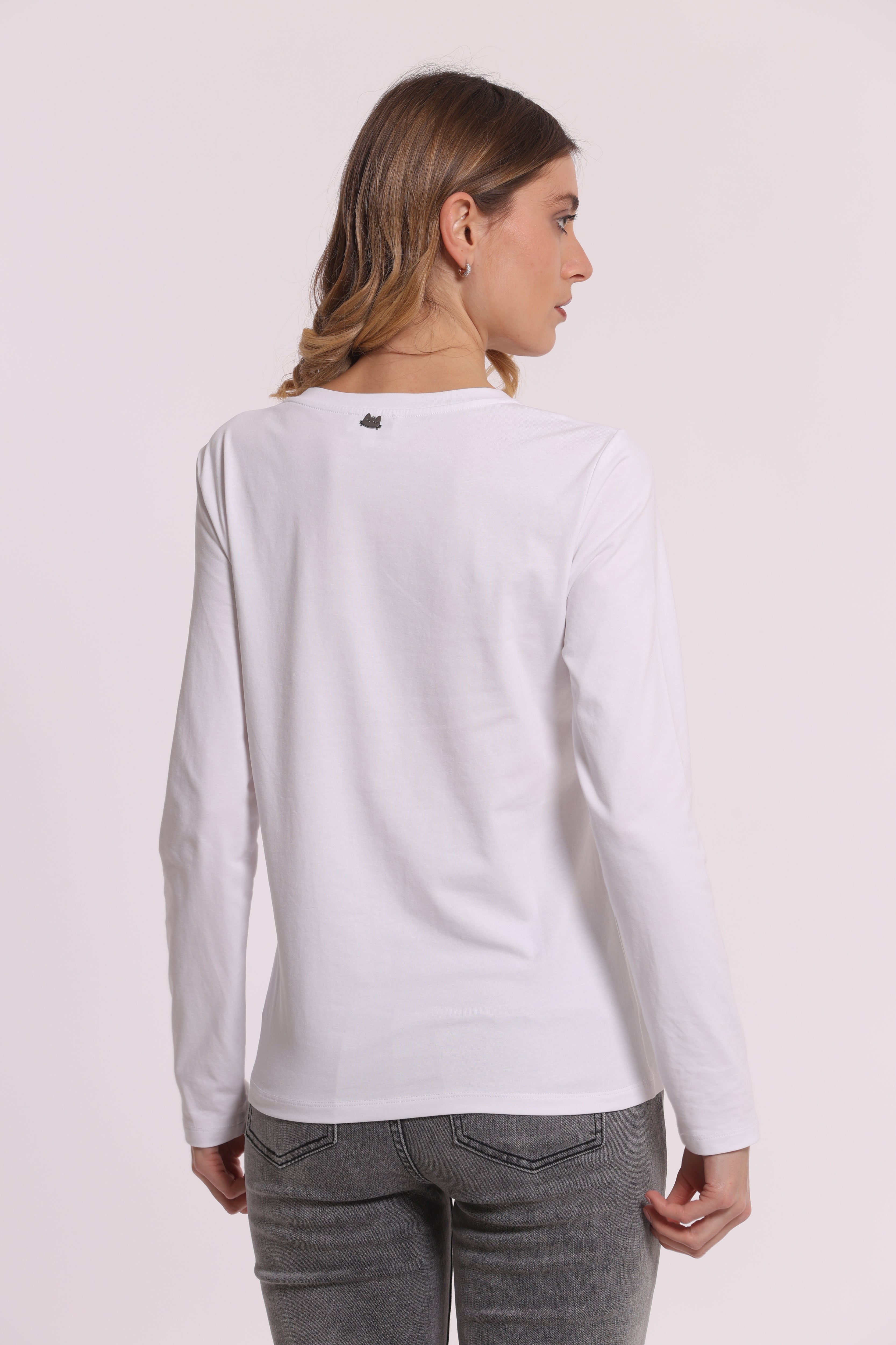 Mimi Mua T-Shirt Maniche Lunghe Gatto Strass Bianca
