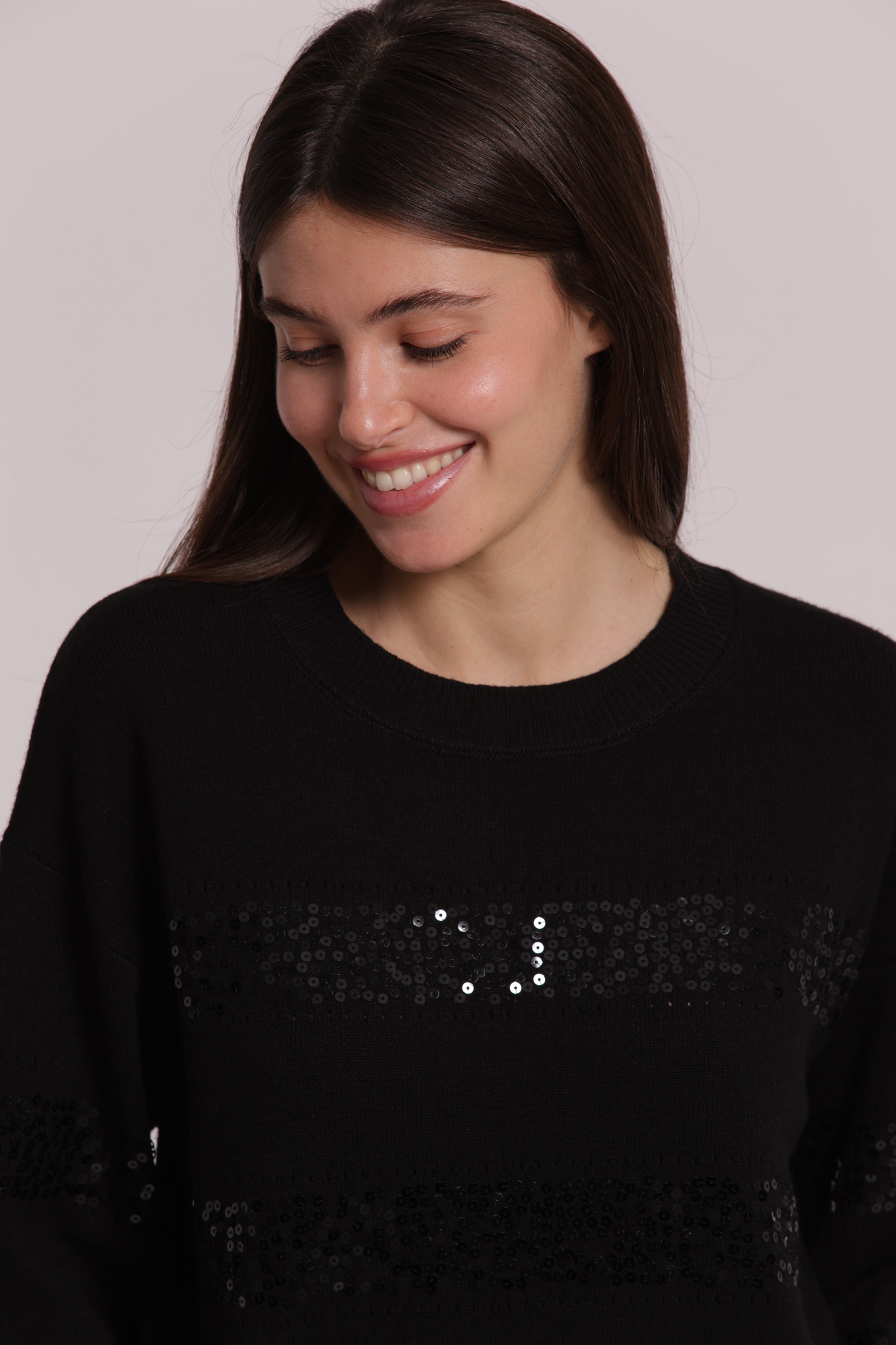 Mimi Mua Scollo Tondo Righe Paillettes Maglia Nero