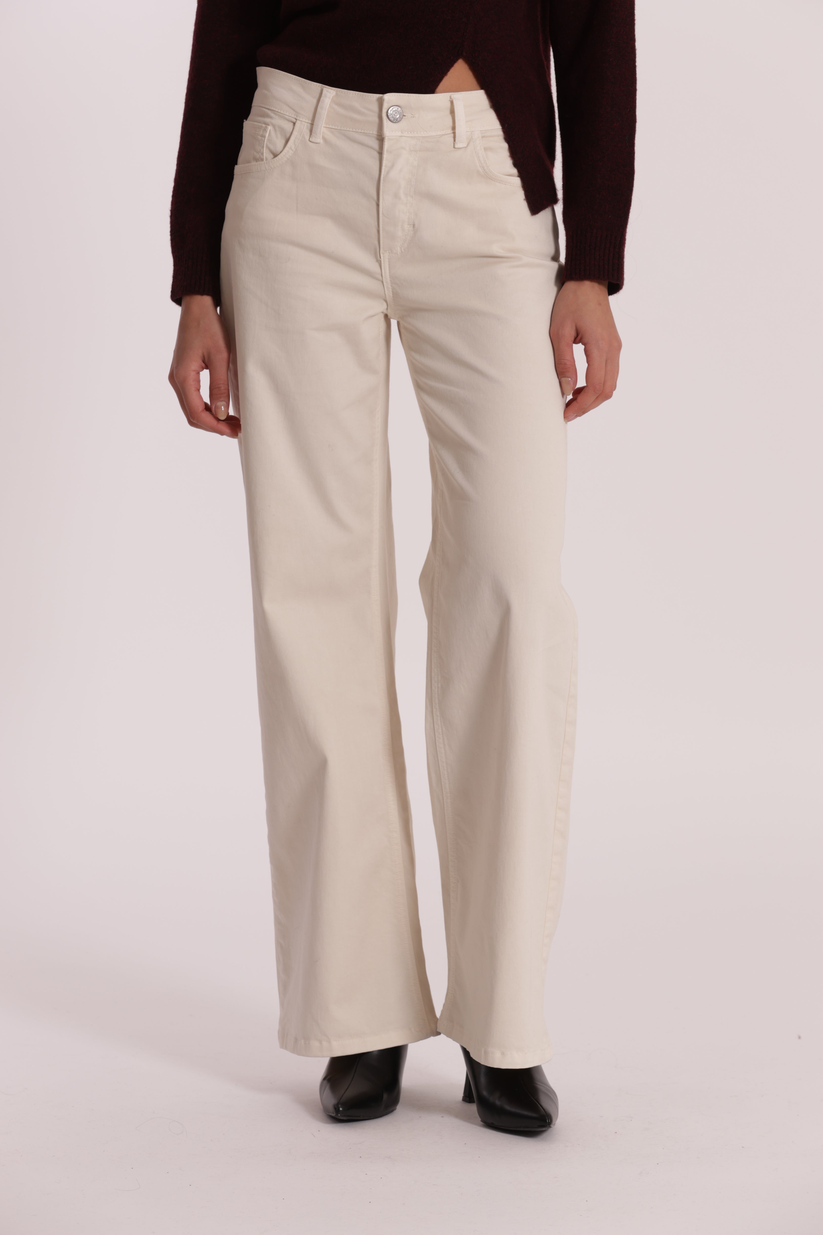 Mimi Mua Pantalone Dritto Tasca Quadrata Burro Gabardina
