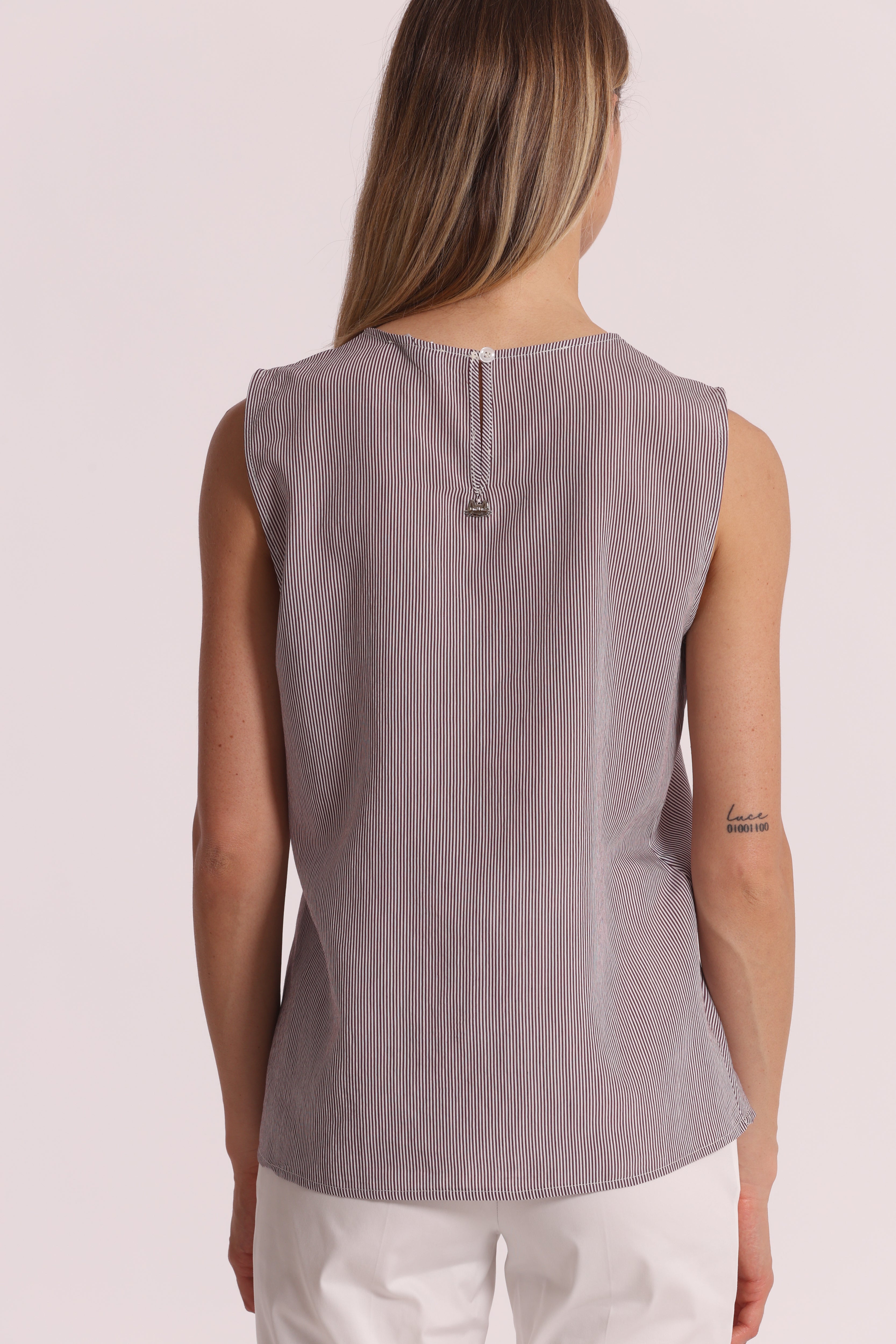 Mimi Mua Top a Righe Beige Latte blusa smanicata