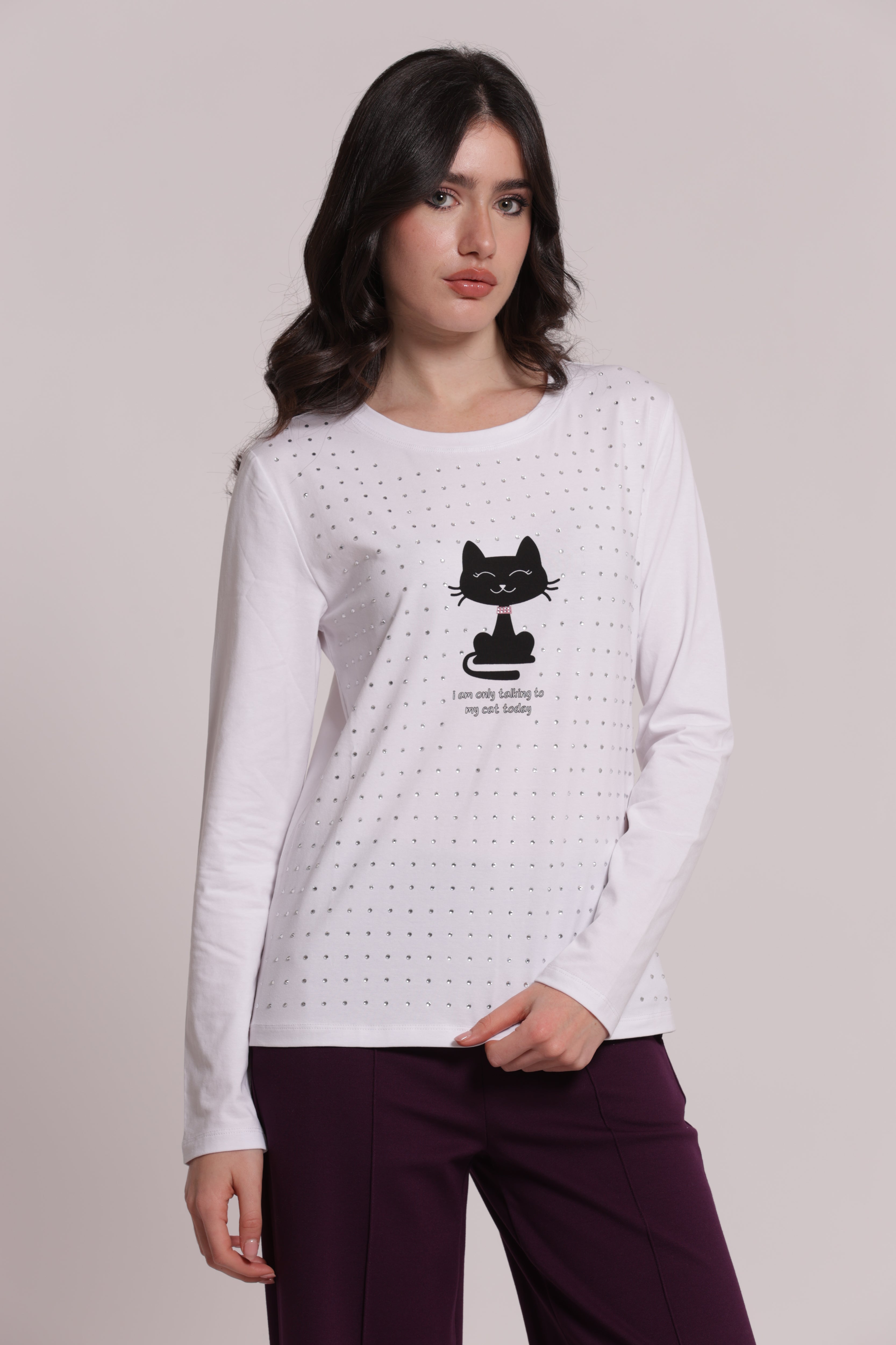 Mimi Mua T-Shirt Maniche Lunghe Gatto Strass Bianco