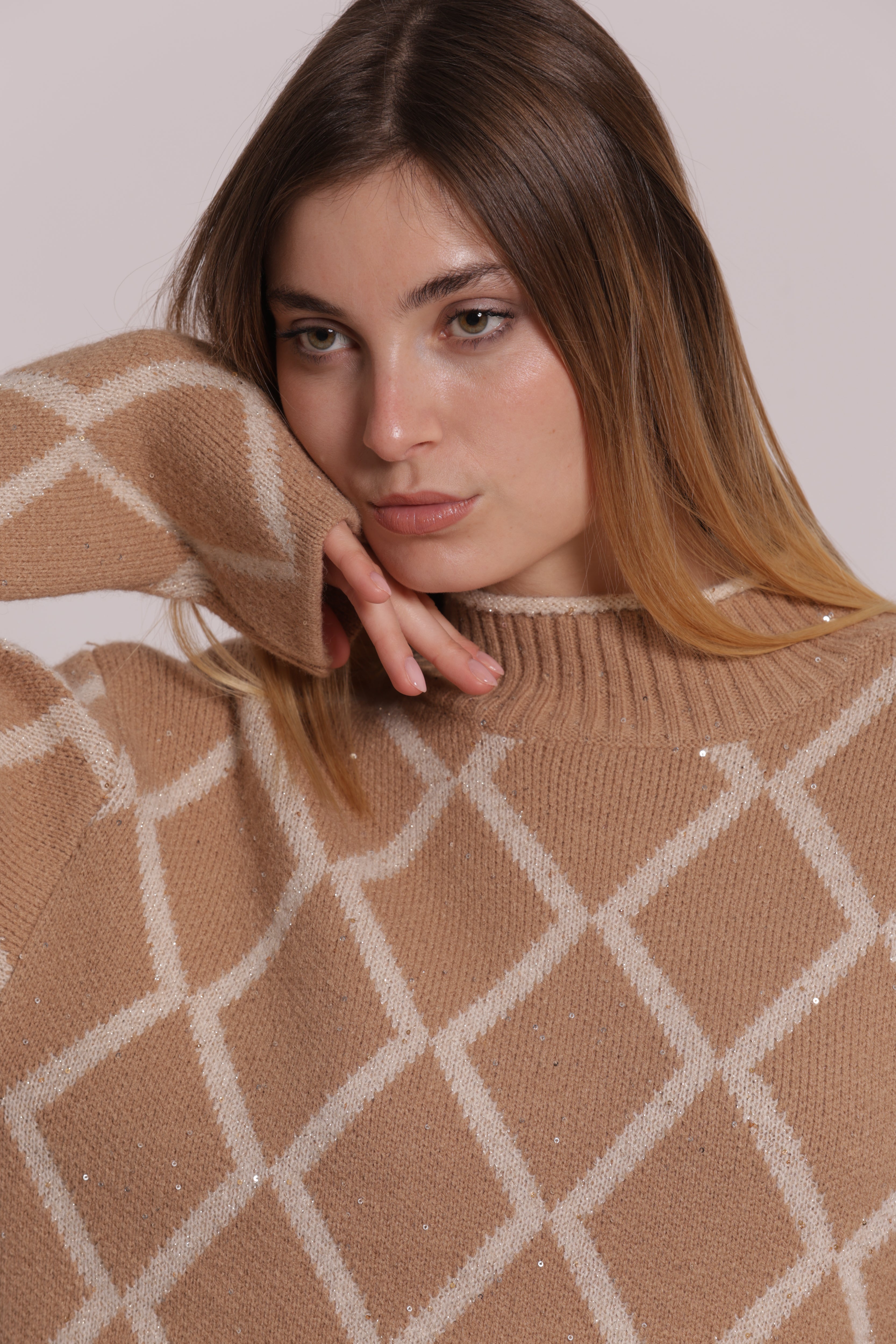 Mimi Mua Maglia Lupetto Paillettes Beige collo alto