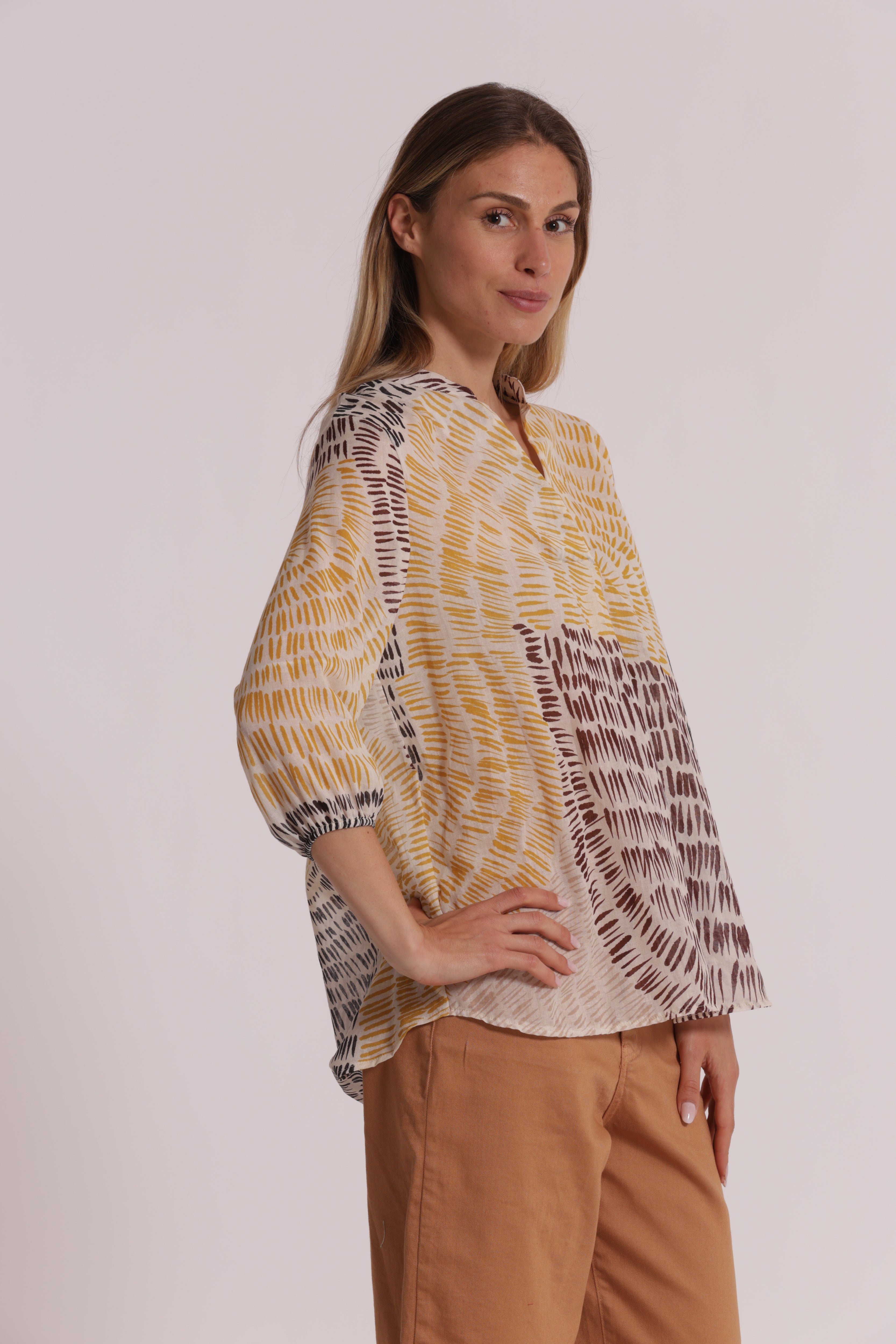 Mimi Mua Fantasia Graffio Blusa Cotone Marrone/Ocra