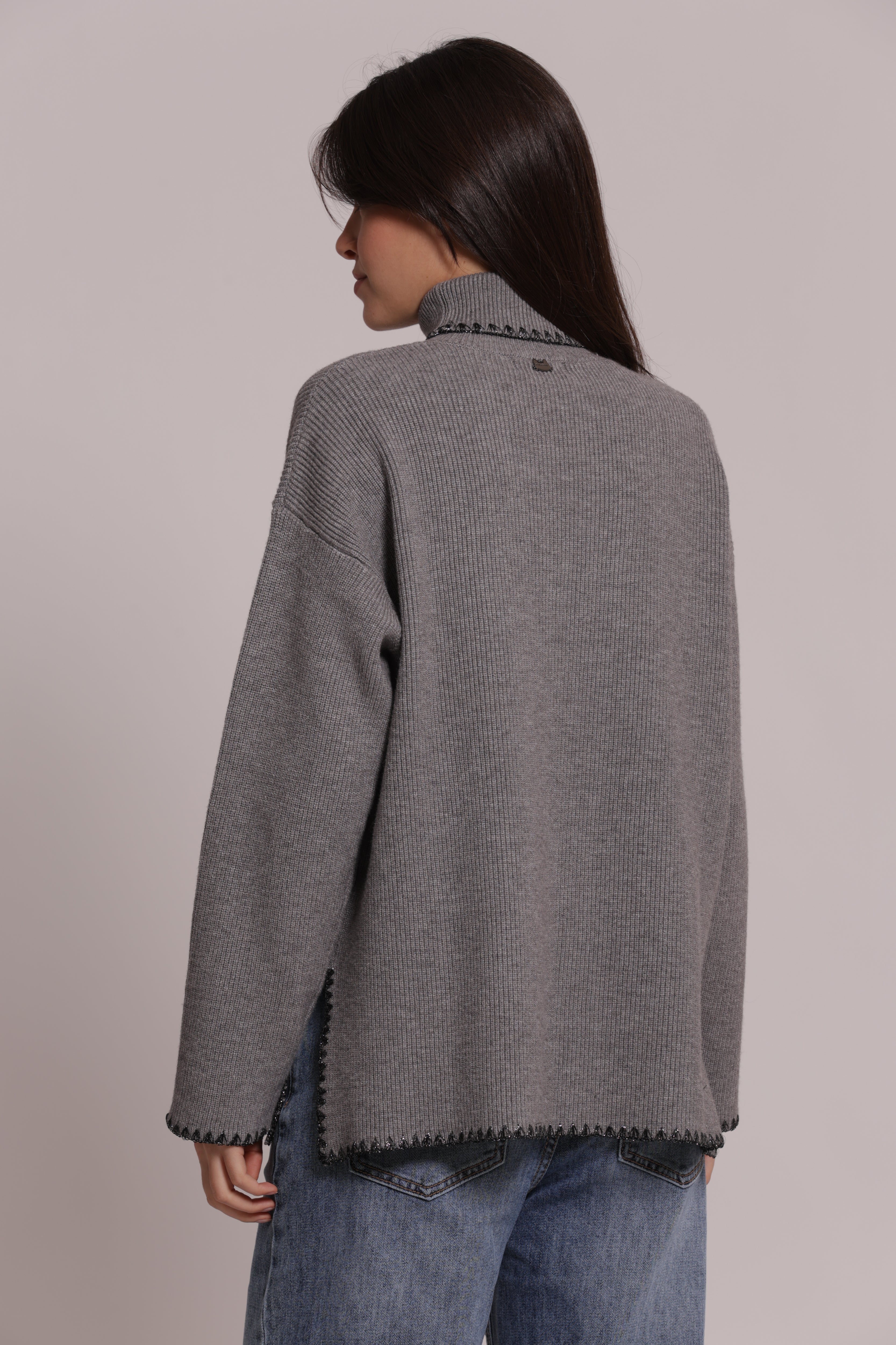 Mimi Mua Maglia Collo Alto Lurex Panna Elasticizzata