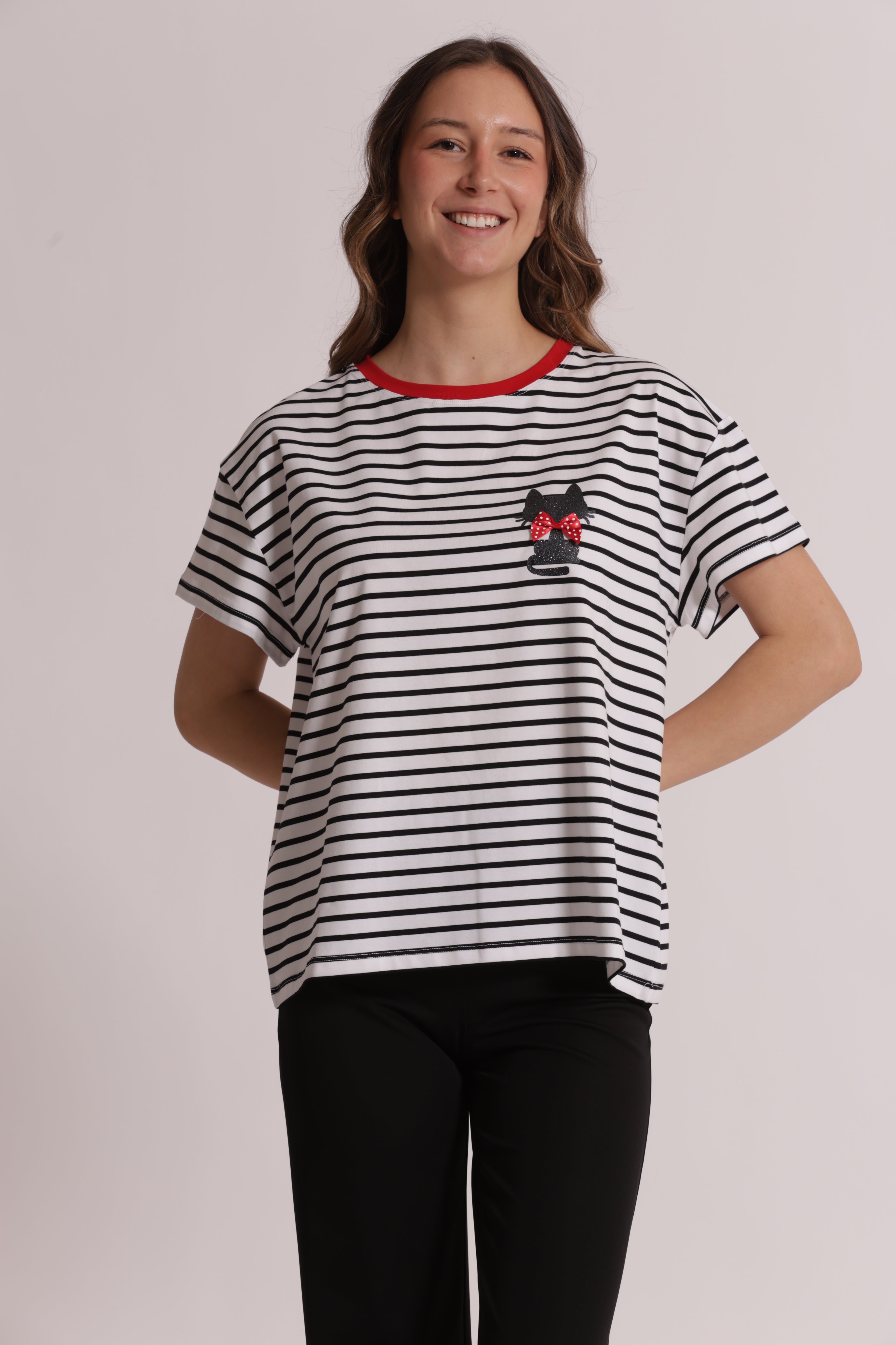 Mimi Mua t-shirt righe stampa gatto nero