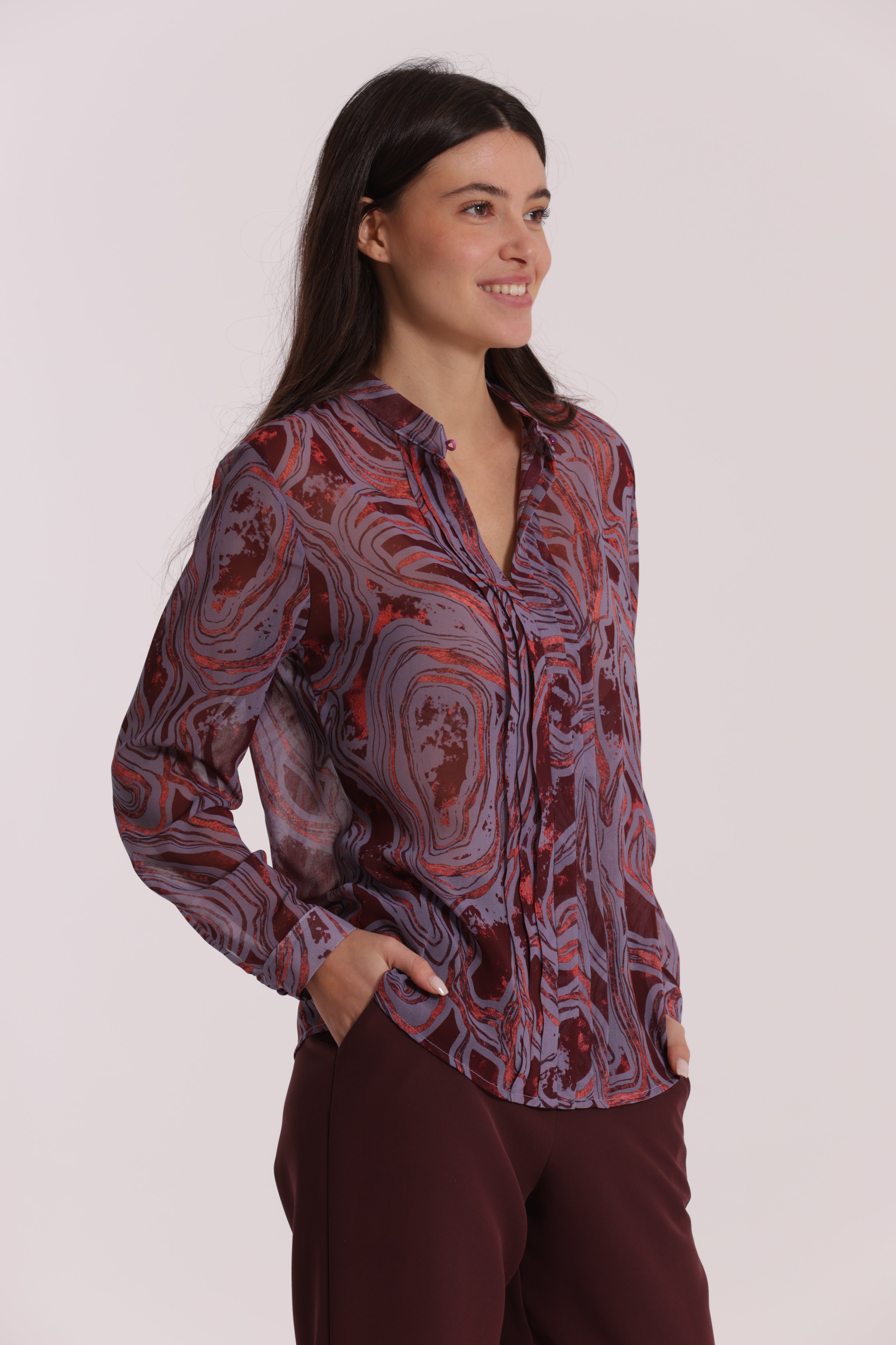Mimi Mua Blusa con Pieghe Fantasia Marmorea malva