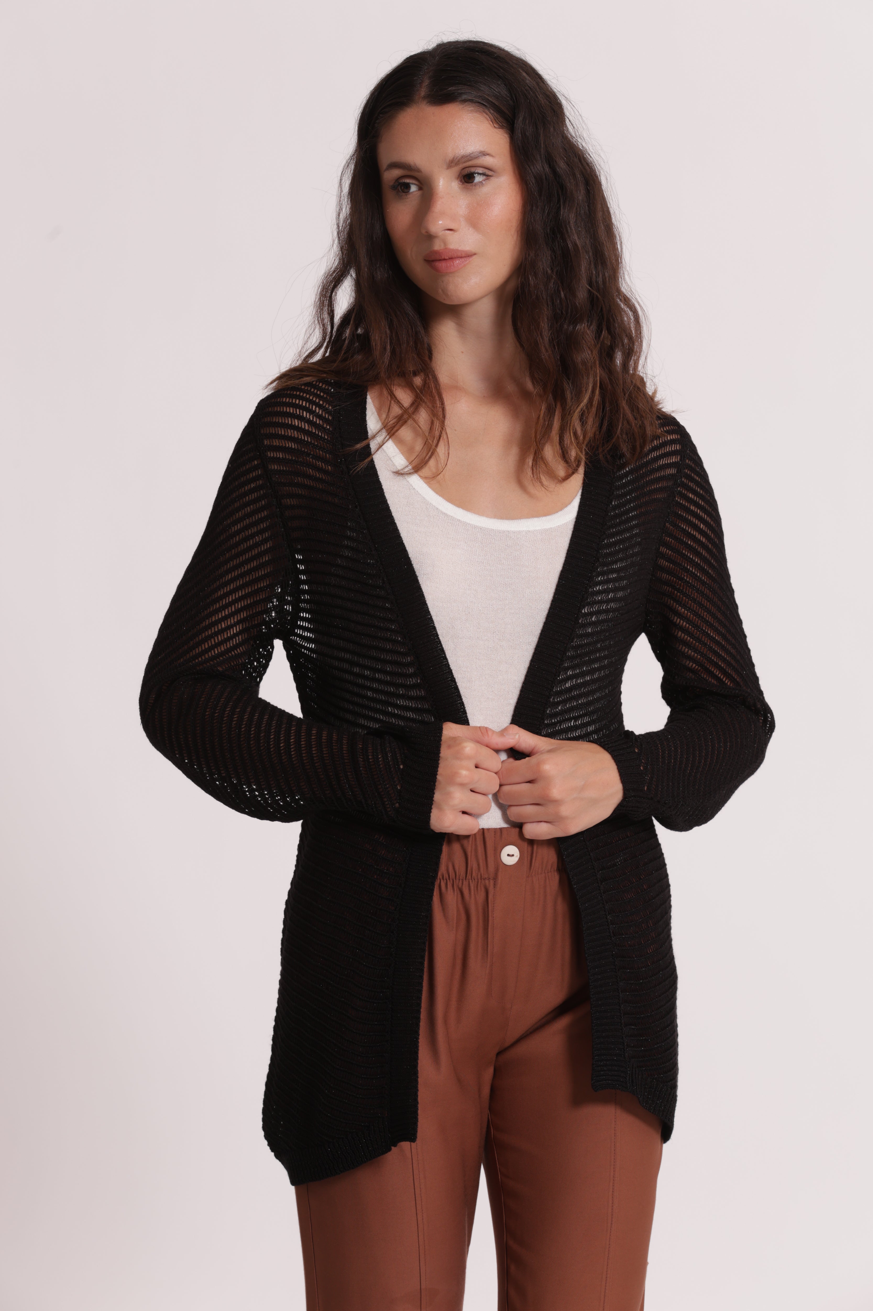 Mimi Mua Cardigan Lungo Traforato maglia nero leggero