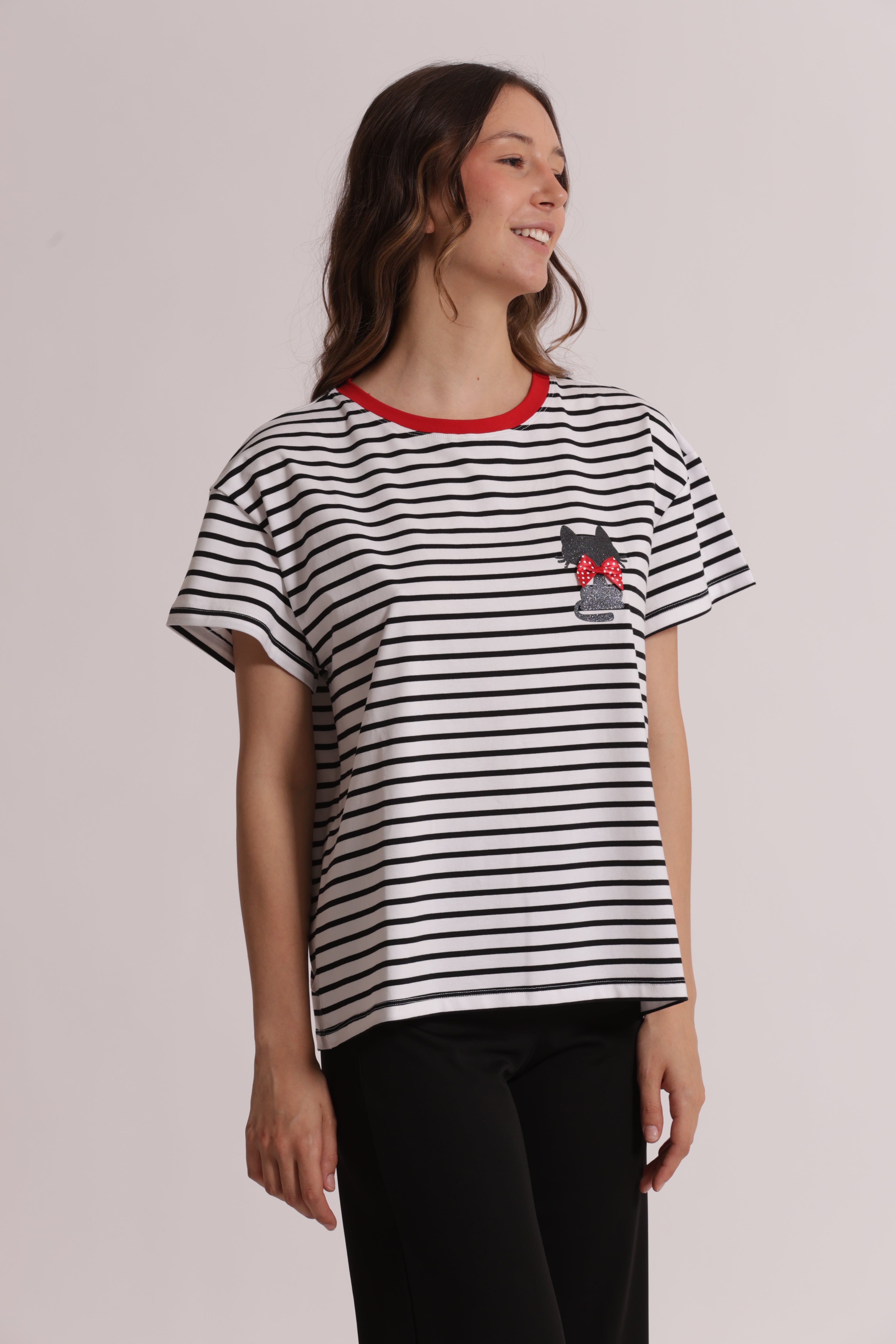 Mimi Mua t-shirt righe stampa gatto nero
