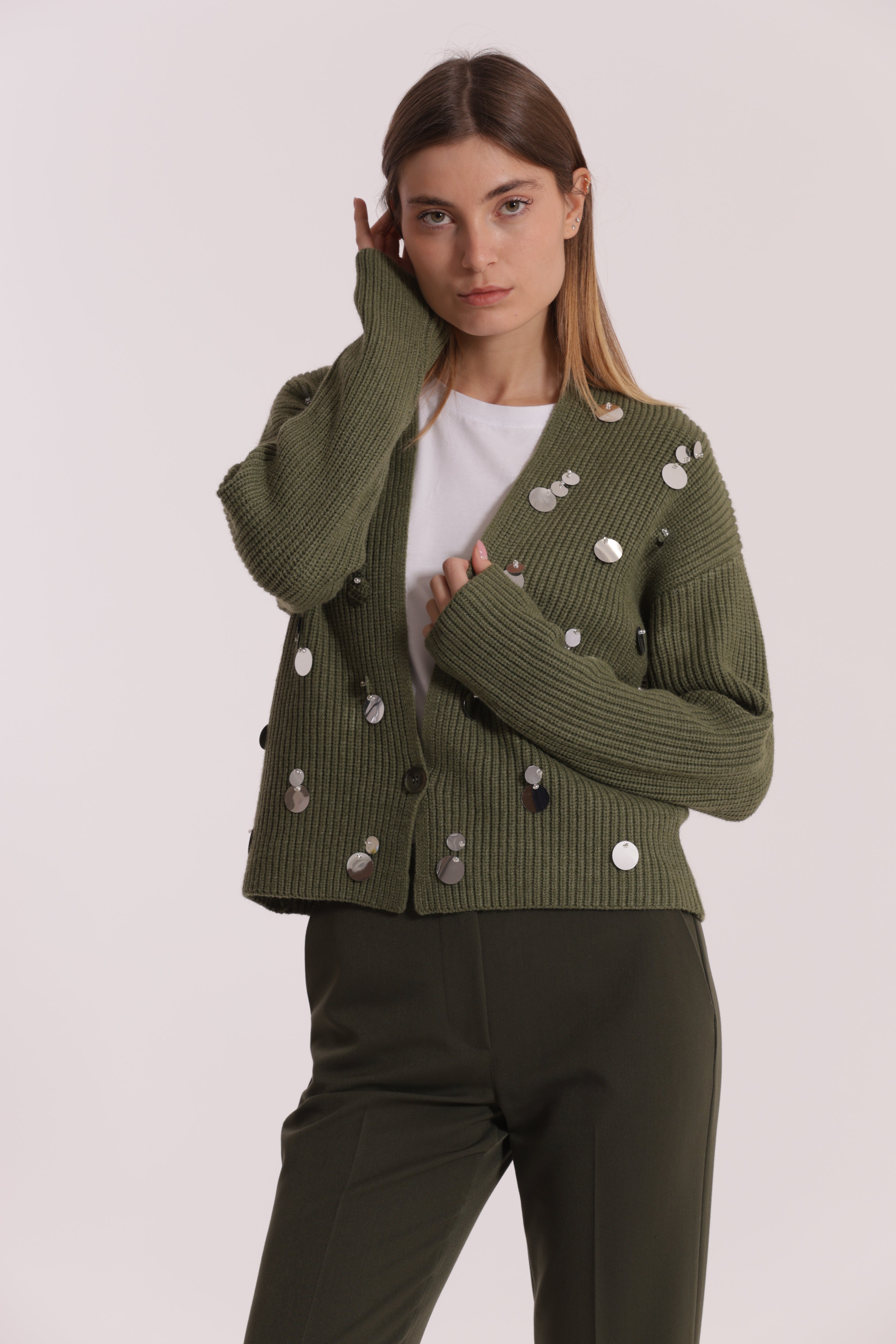 Mimi Mua Cardigan con Strass Nero Maglia Taglia S