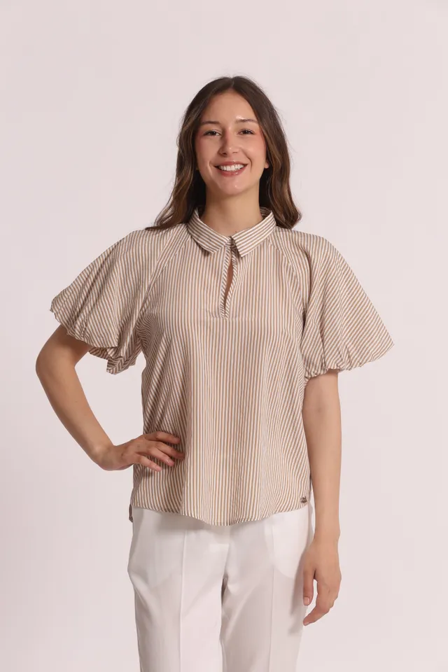 Mimi Mua Blusa Maniche Palloncino a Righe Beige Latte