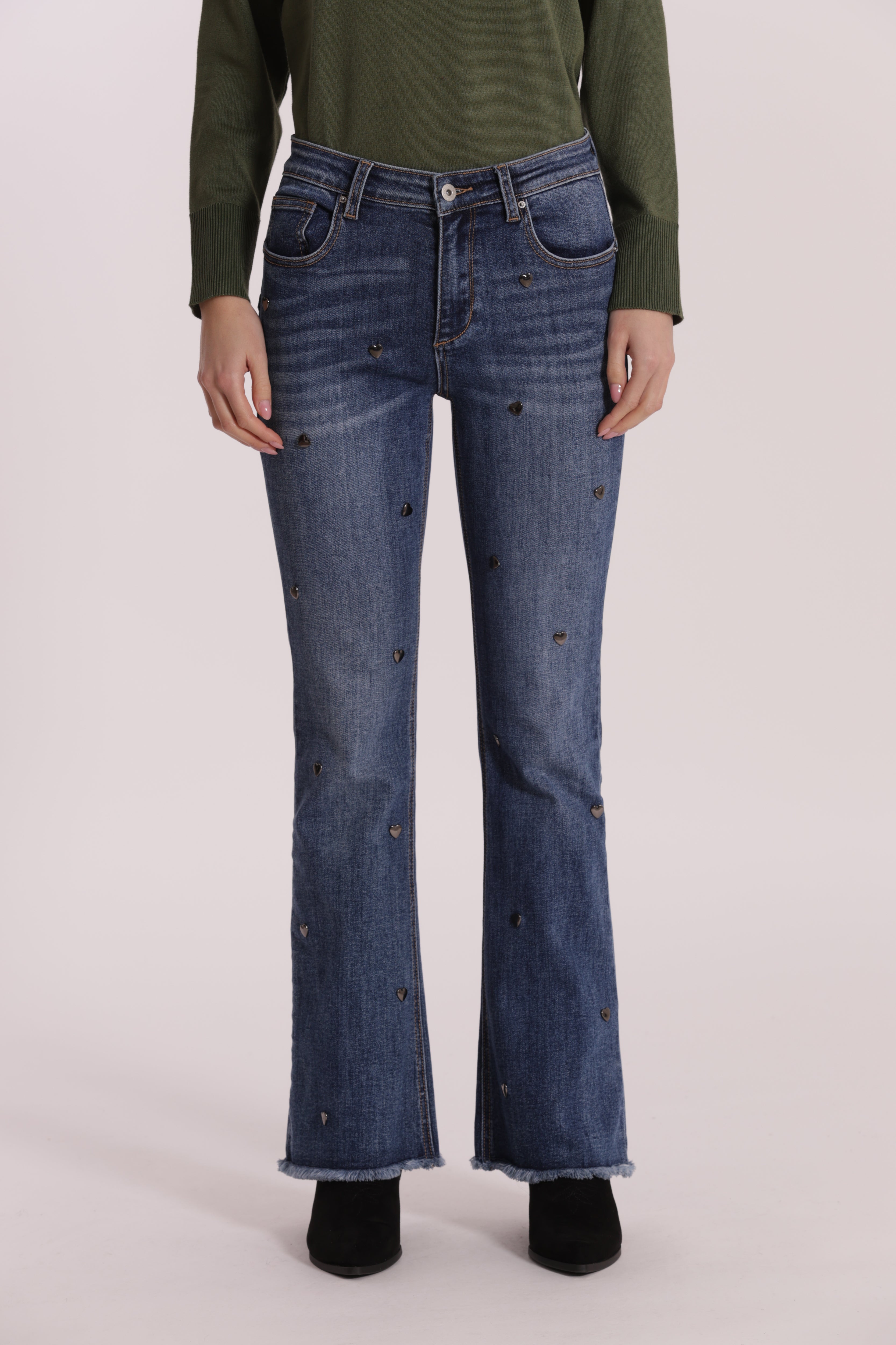 Mimi Mua Jeans Flare con Borchie Cuore Blu Medio denim