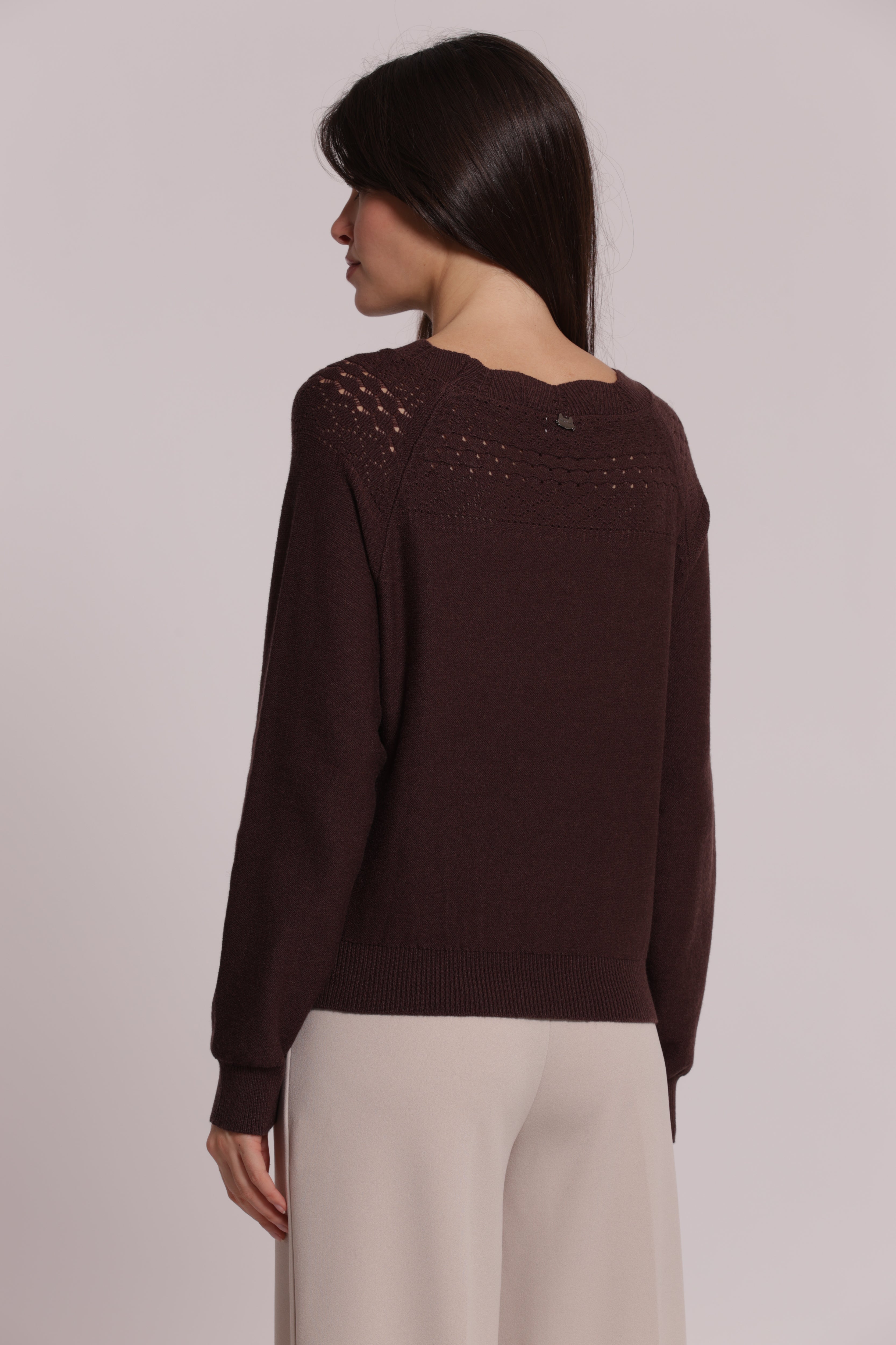 Mimi Mua Maglia Traforata Beige Chiaro Maniche Lunghe