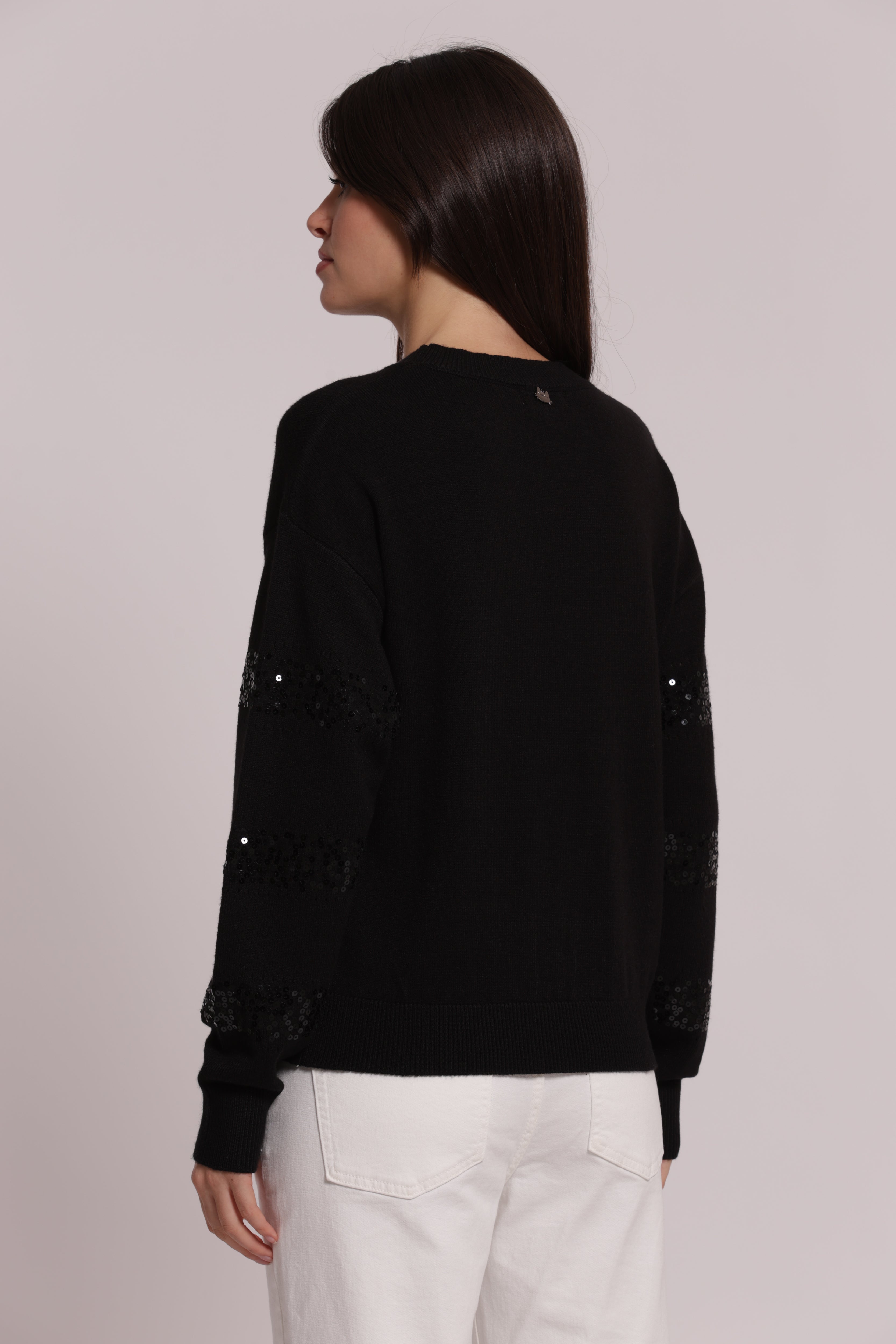 Mimi Mua Scollo Tondo Righe Paillettes Maglia Nero