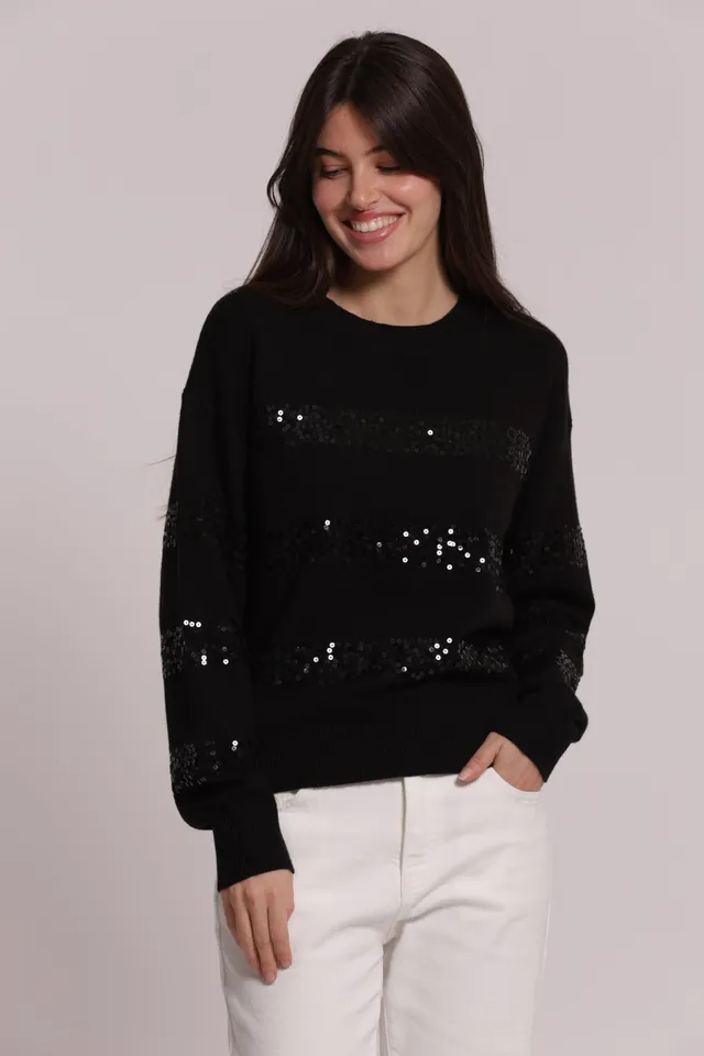 Mimi Mua Scollo Tondo Righe Paillettes Maglia Nero
