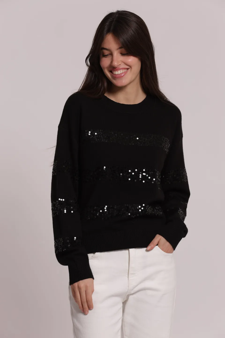 Mimi Mua Scollo Tondo Righe Paillettes Maglia Nero