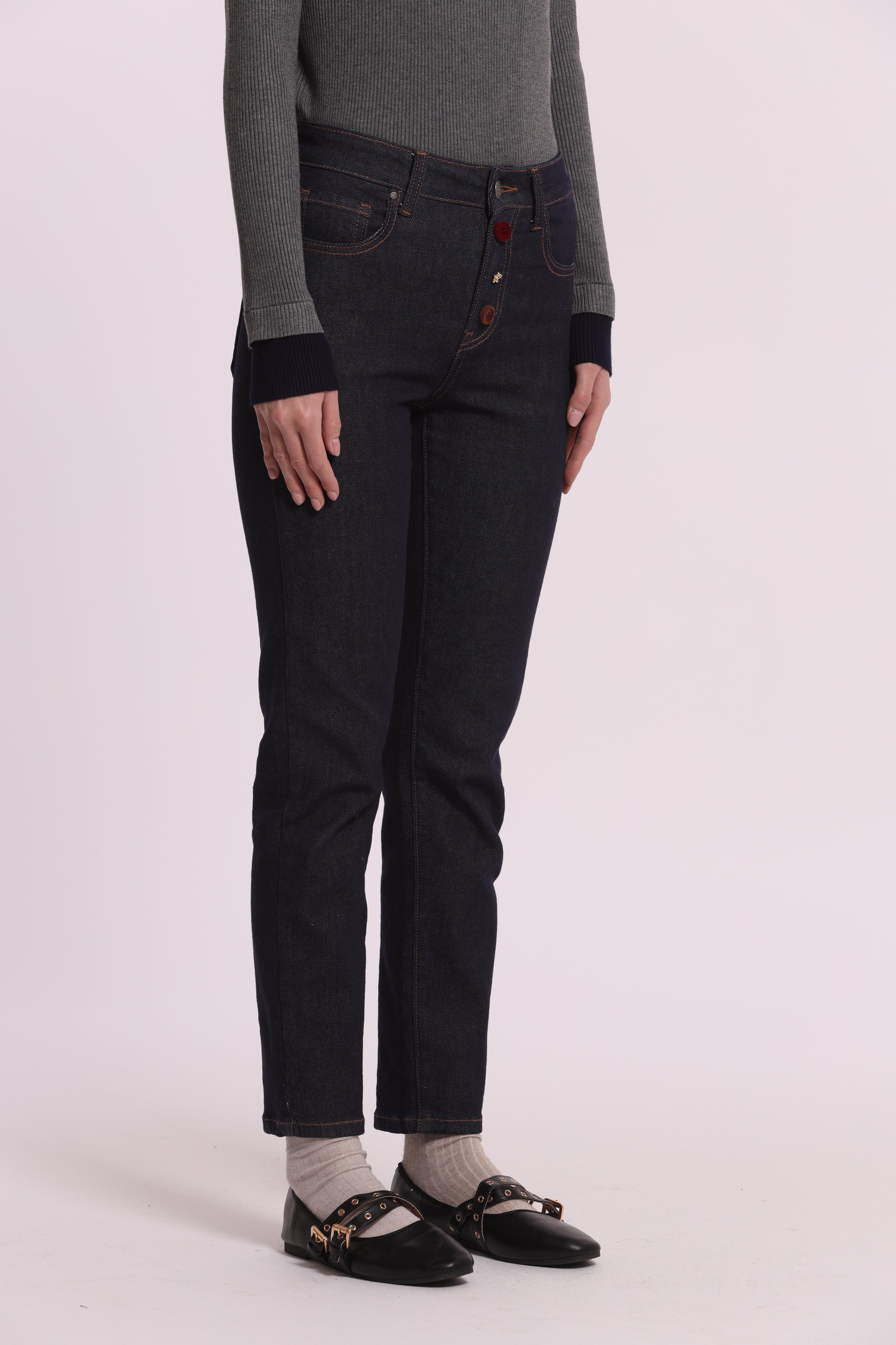 Mimi Mua Jeans Sigaretta con Bottoni Velluto e Gioiello Blu Scuro