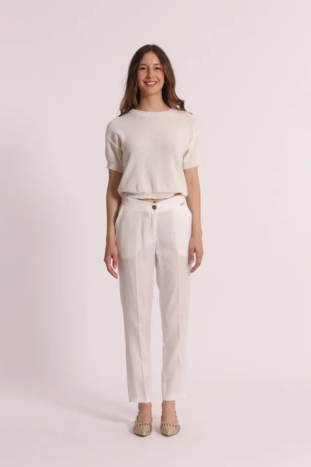 Mimi Mua Pantalone Sigaretta Lyocell Panna con Elastico