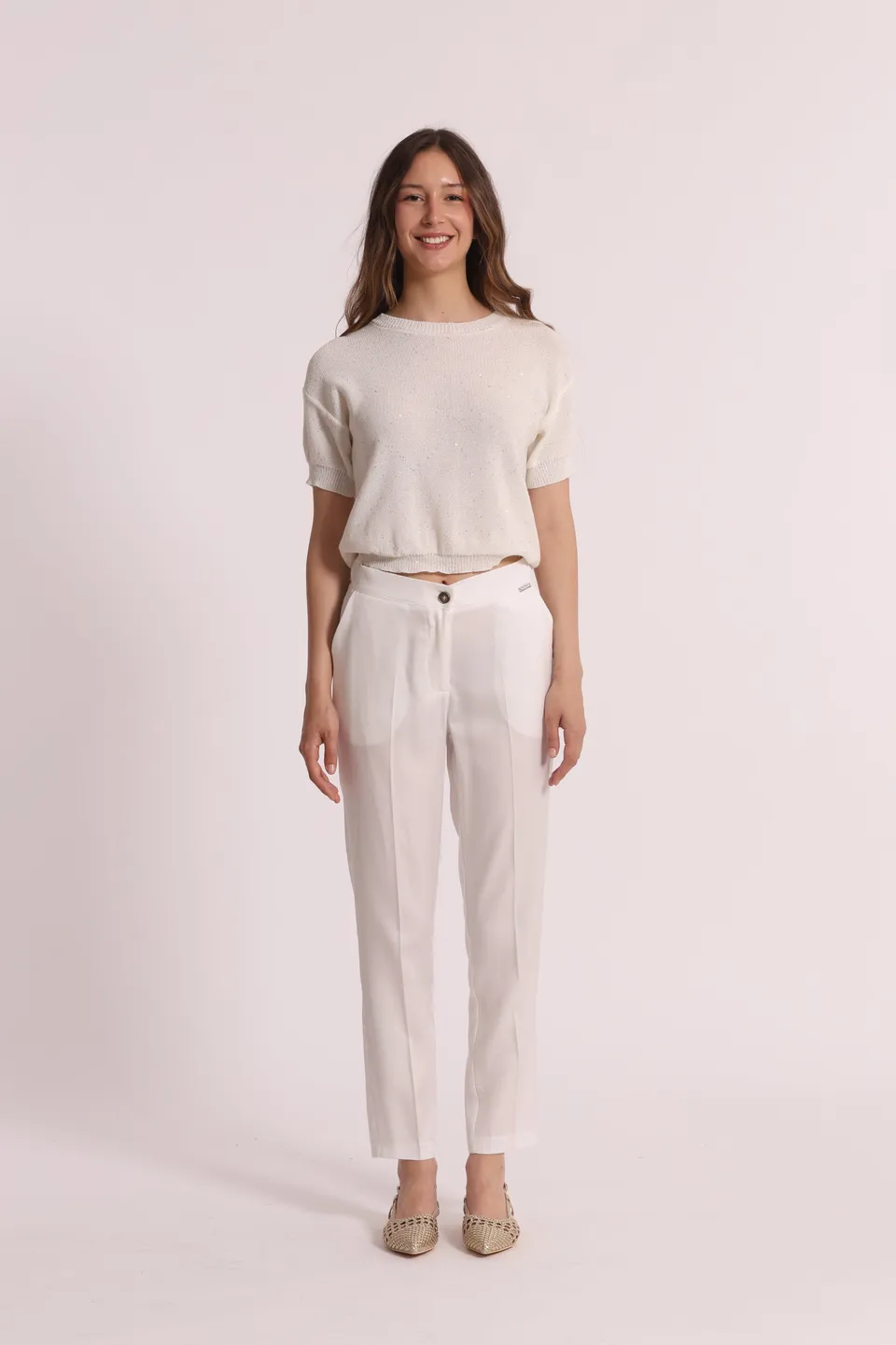 Mimi Mua Pantalone Sigaretta Lyocell Panna con Elastico