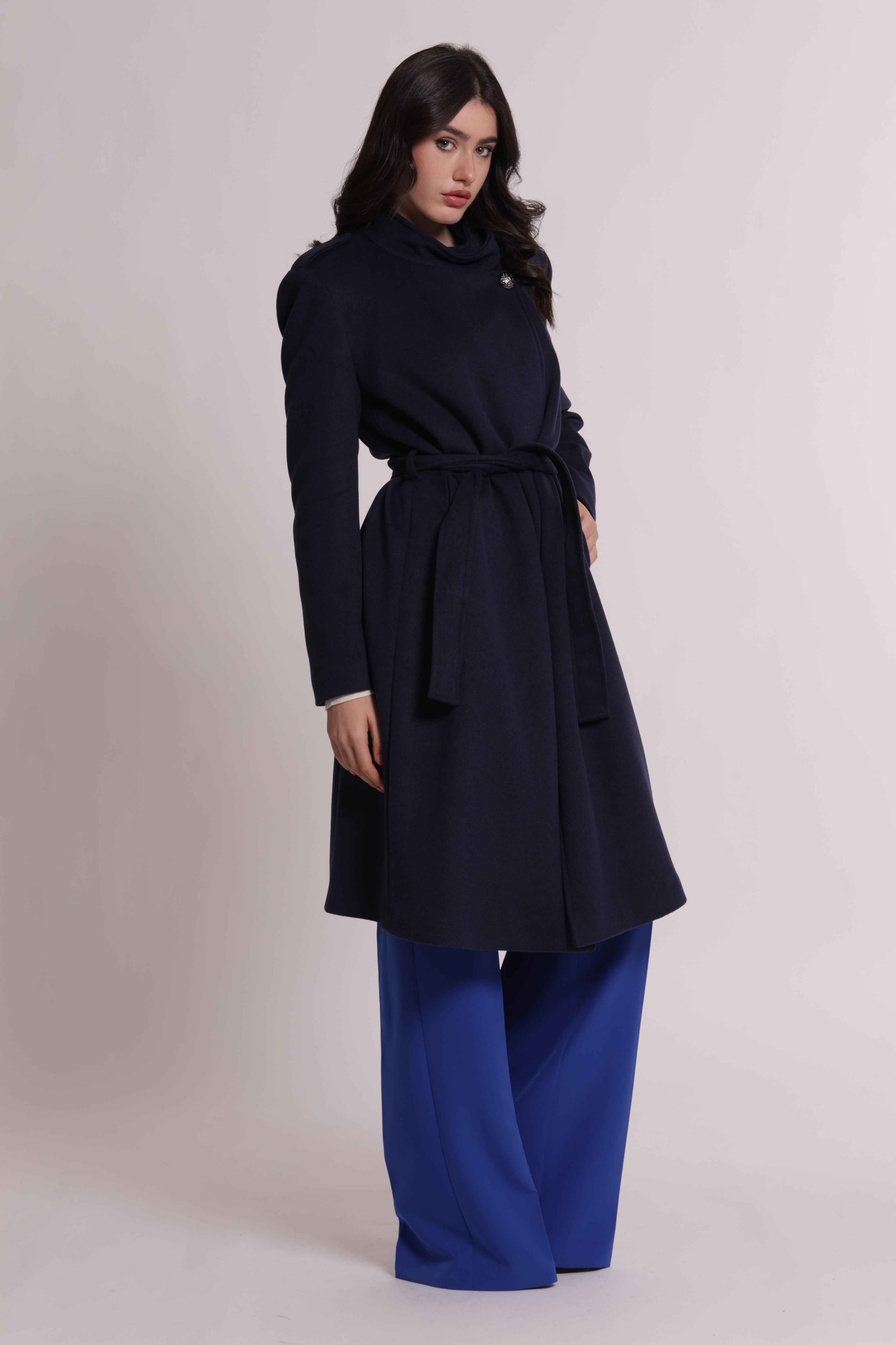 Mimi Mua Cappotto Cintura Bottoni Militari Nero