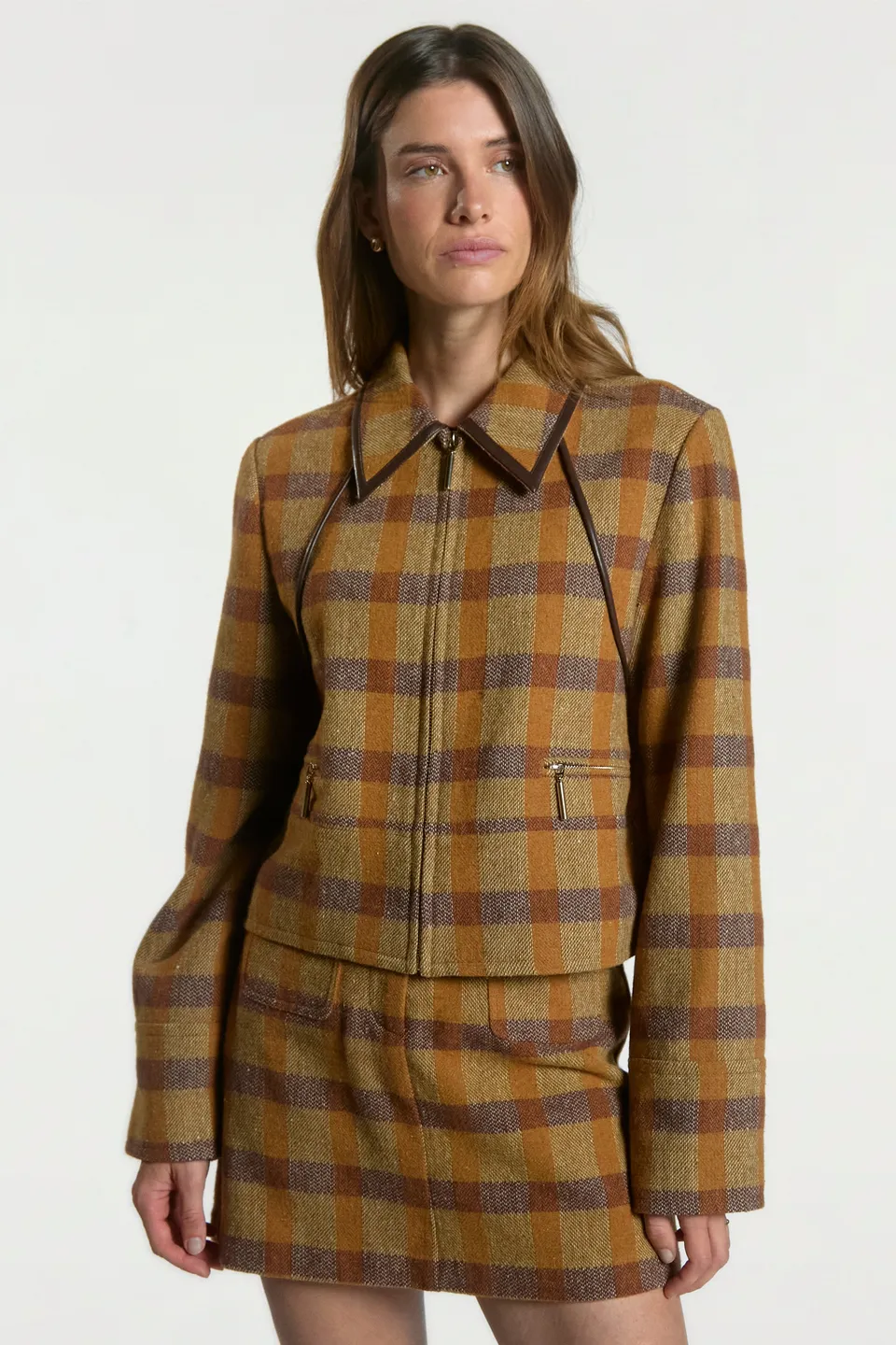 Aaiko Solin giacca quadri marrone corta donna