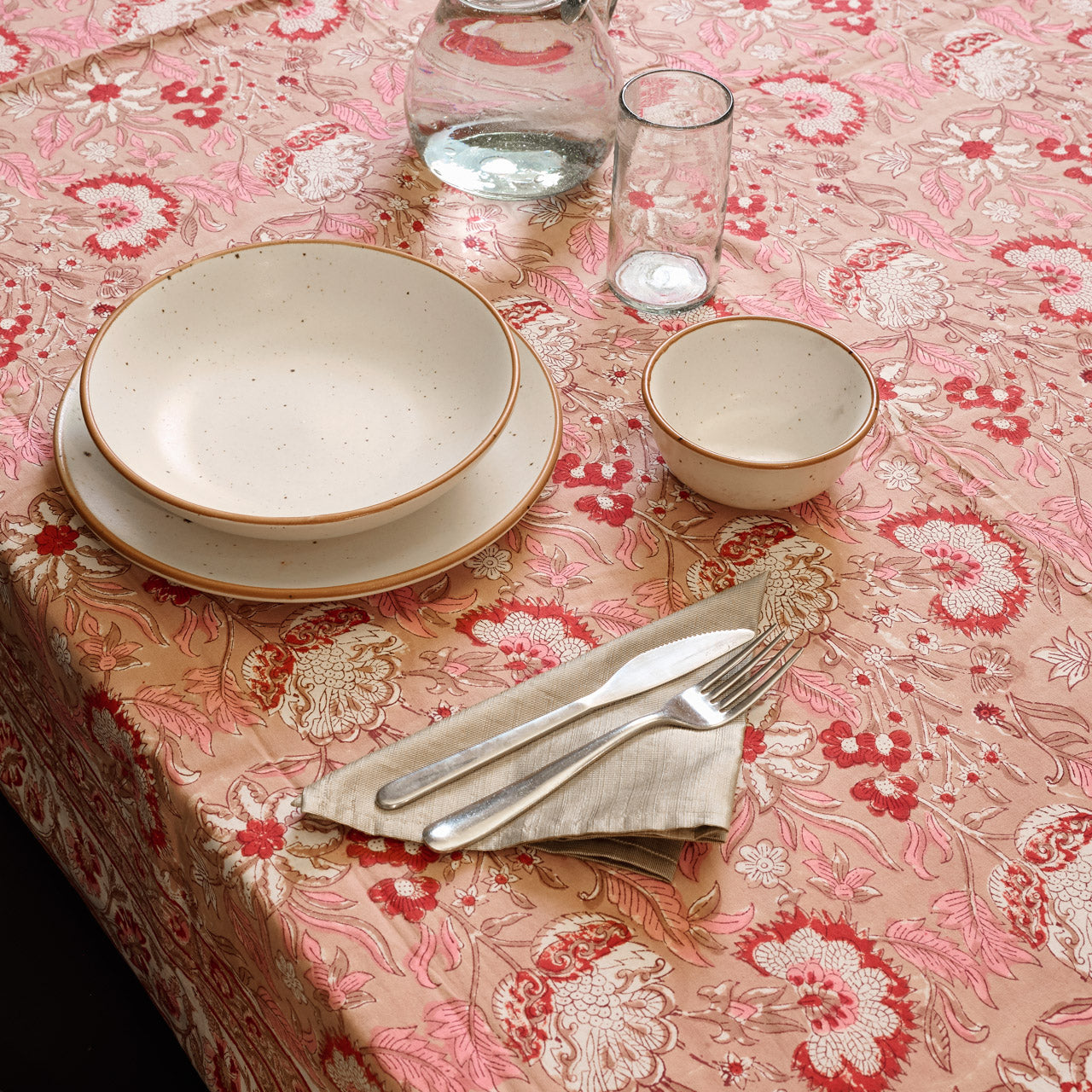 On Earth Cooperative Collection Block-print tovaglia cotone rosa 230x160