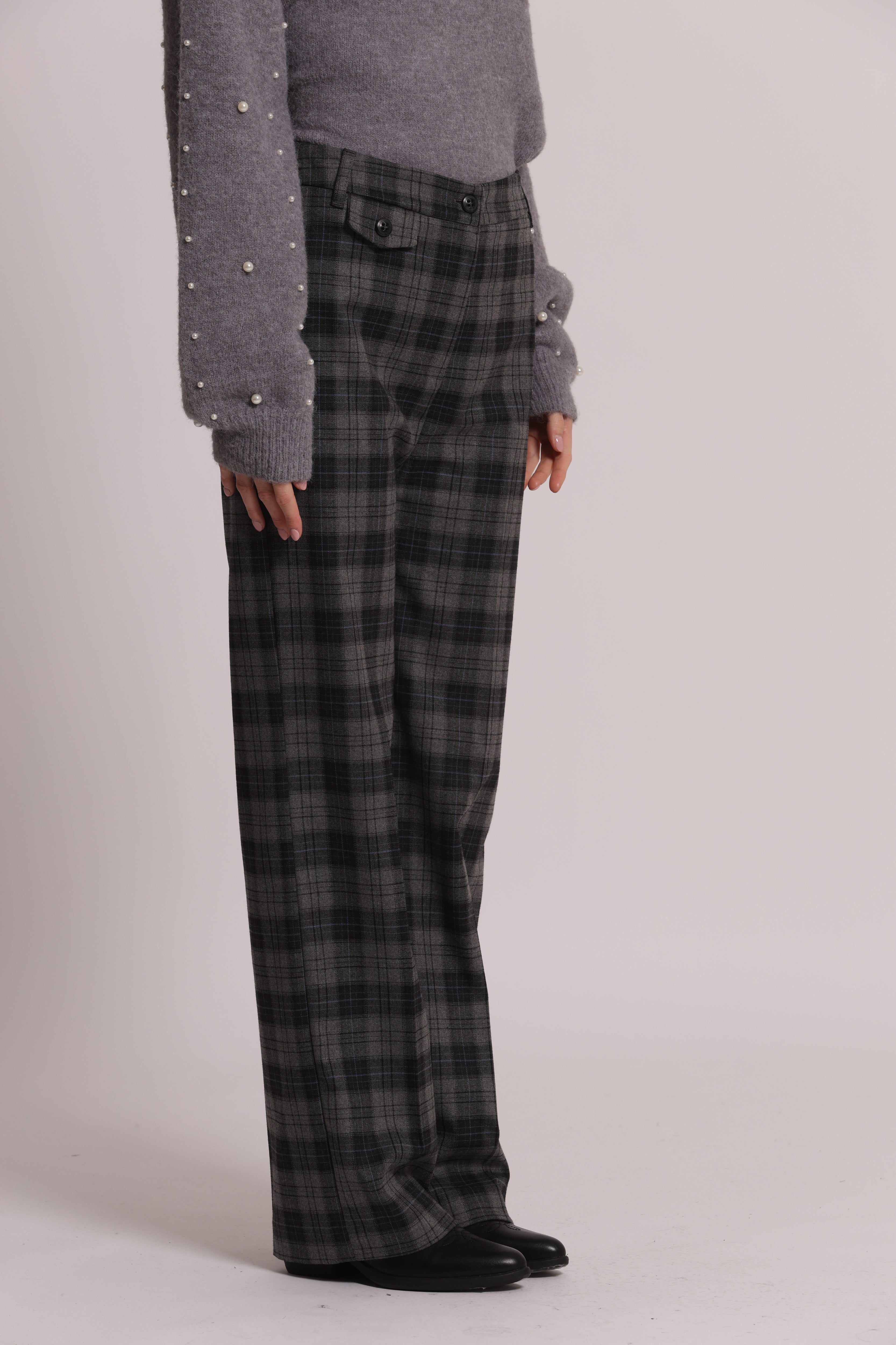 Mimi Mua Pantalone Palazzo Check Pantaloni Grigio Elastico Dietro