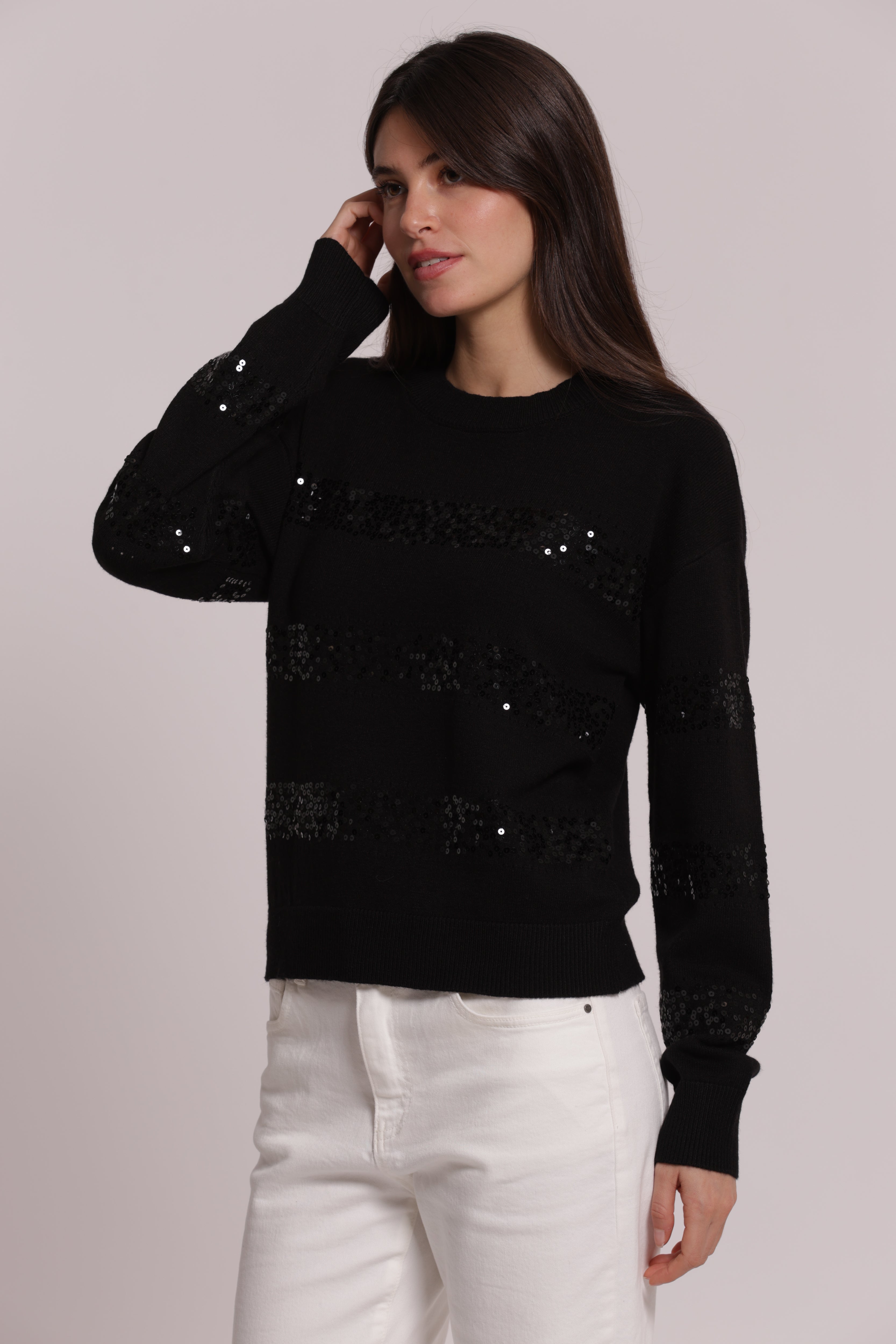 Mimi Mua Scollo Tondo Righe Paillettes Maglia Nero