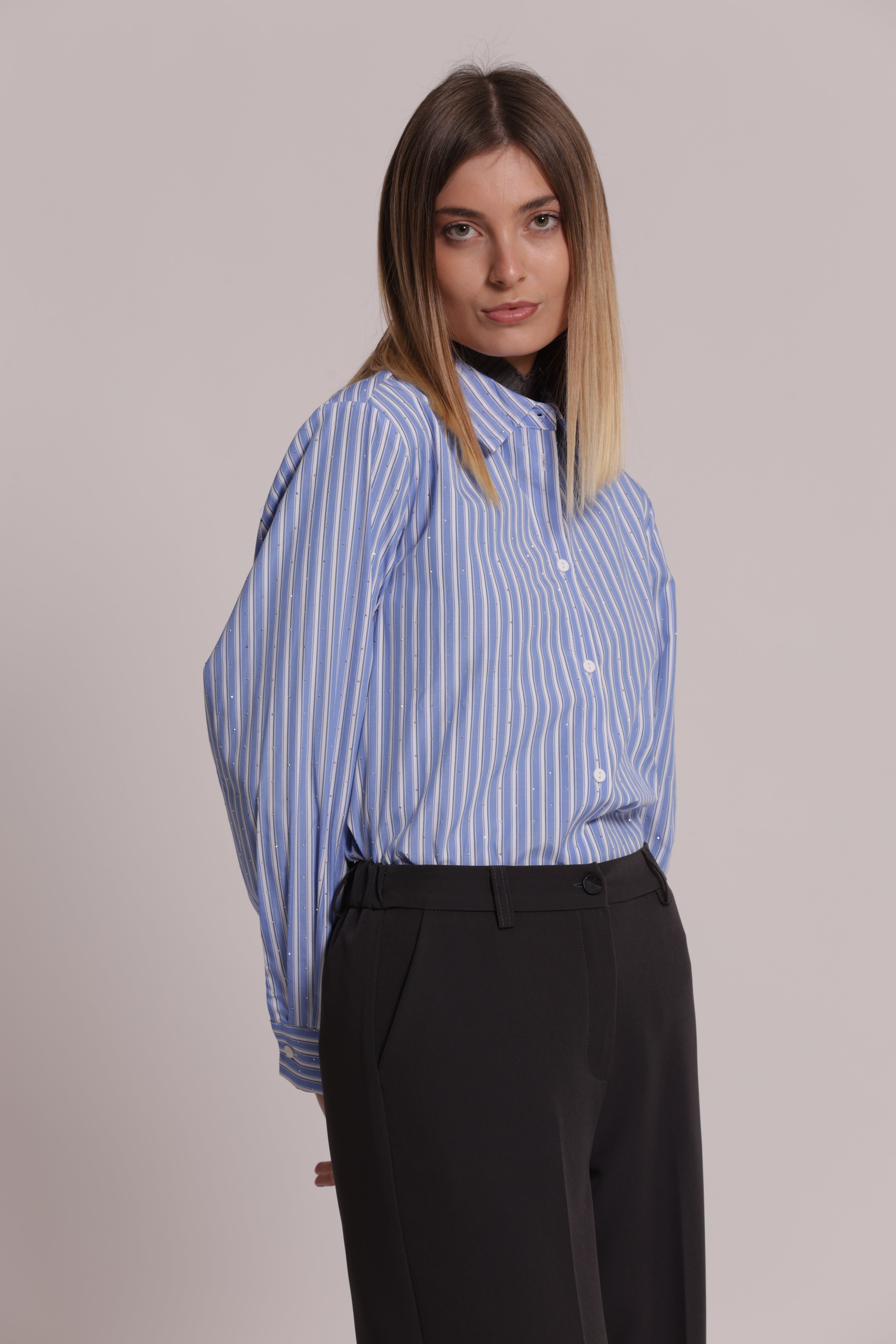 Mimi Mua Camicia Rigolona Strass Azzurro Cotone