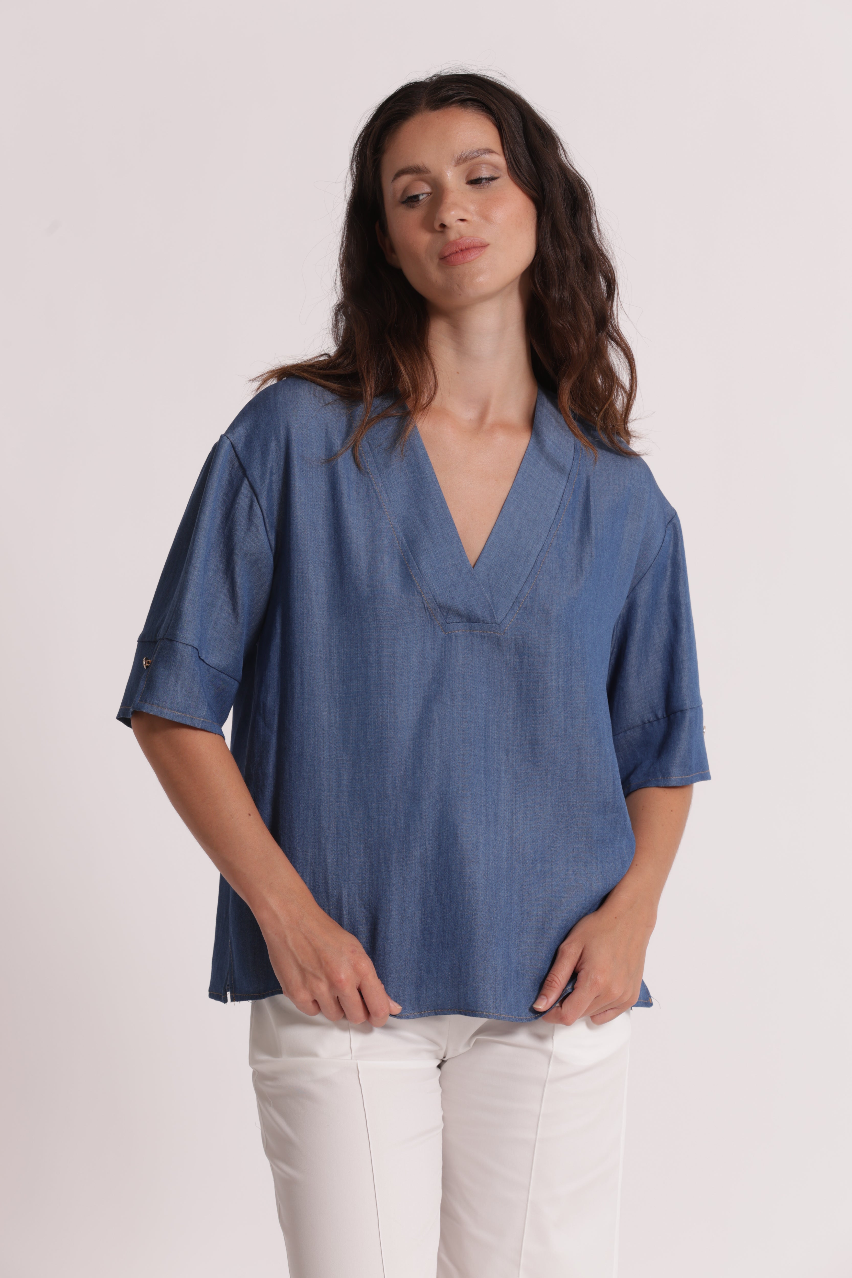 Mimi Mua Blusa Maniche Corte Denim Lyocell