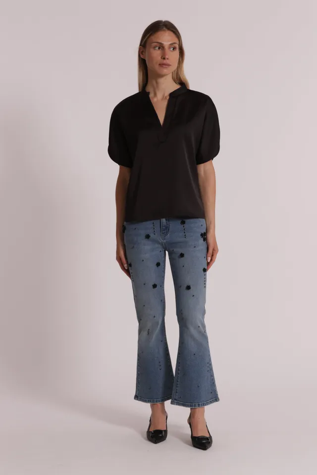 Mimi Mua Flare con Applicazioni Floreali Jeans Blu Medio