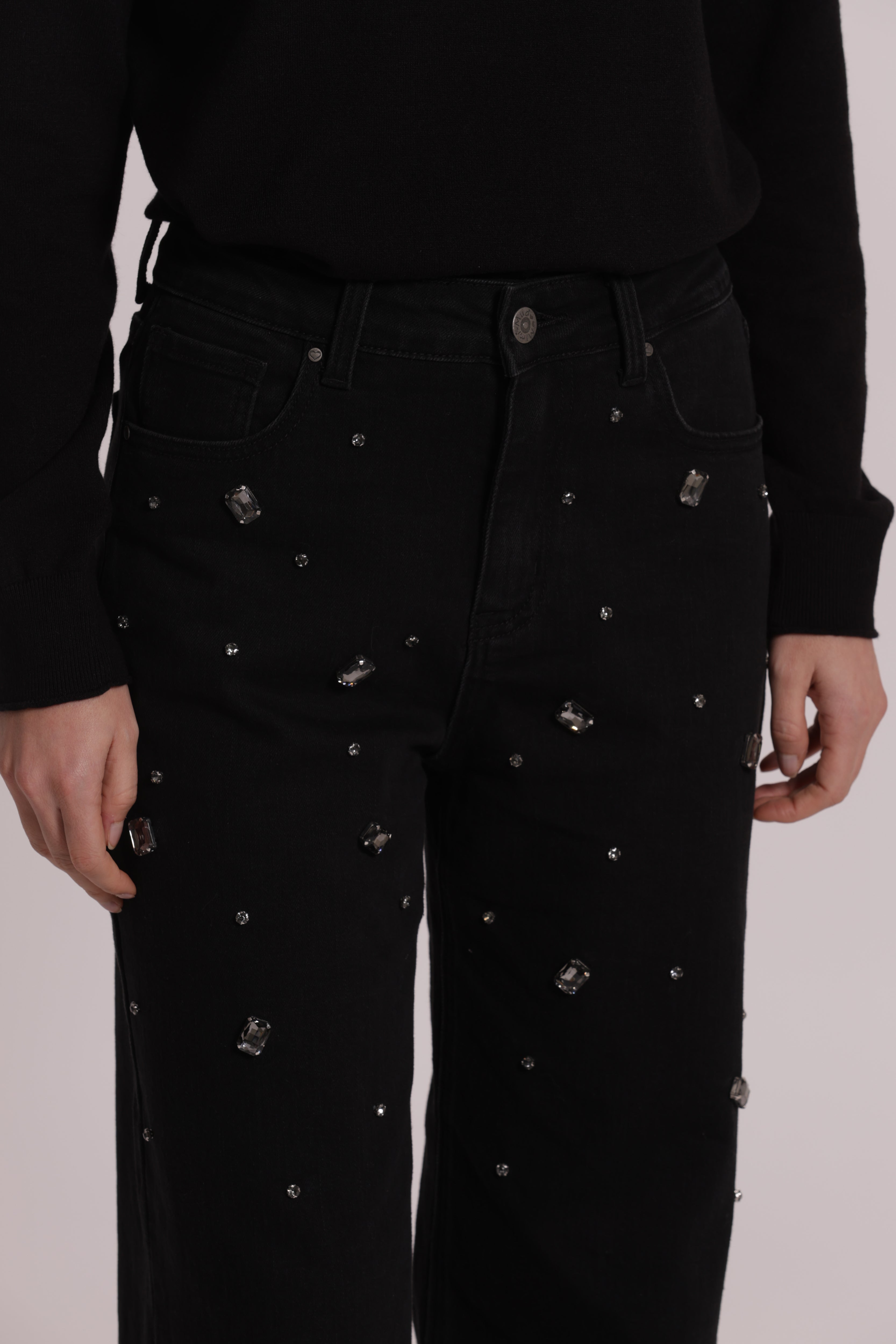 Mimi Mua Wide Leg Castoni Gioiello Jeans Nero denim