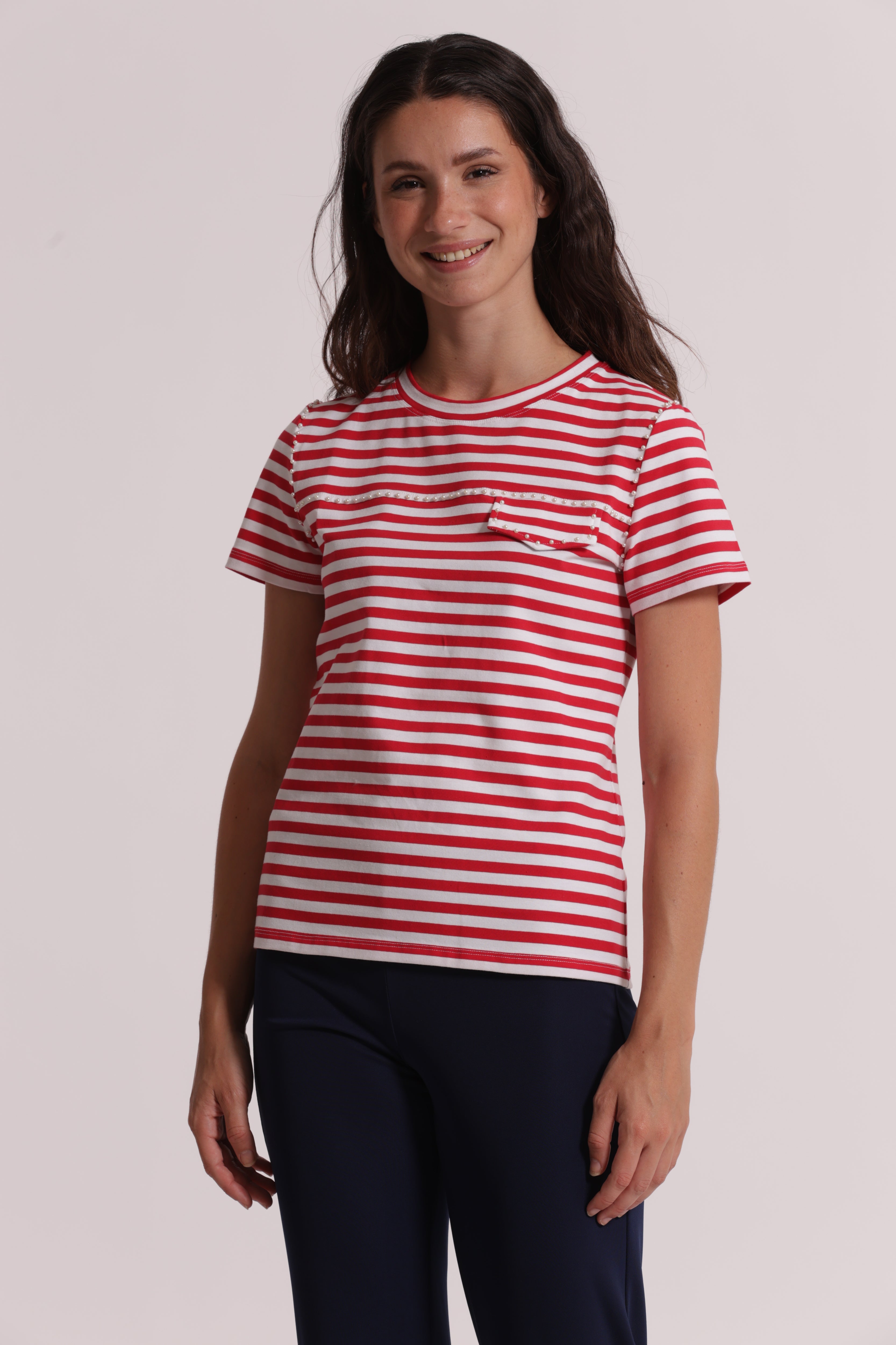 Mimi Mua T-Shirt a Righe con Borchie Blu