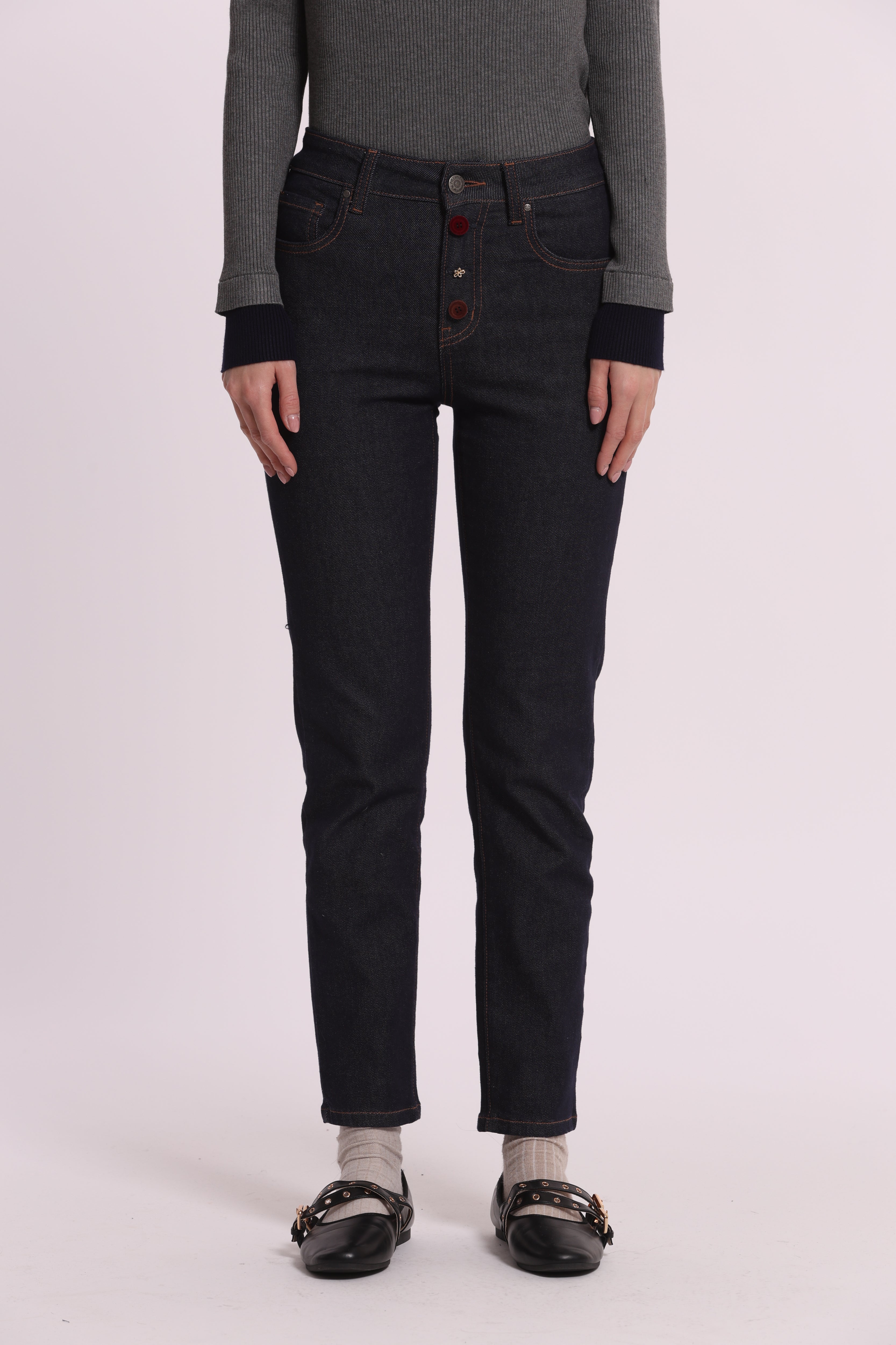 Mimi Mua Jeans Sigaretta con Bottoni Velluto e Gioiello Blu Scuro