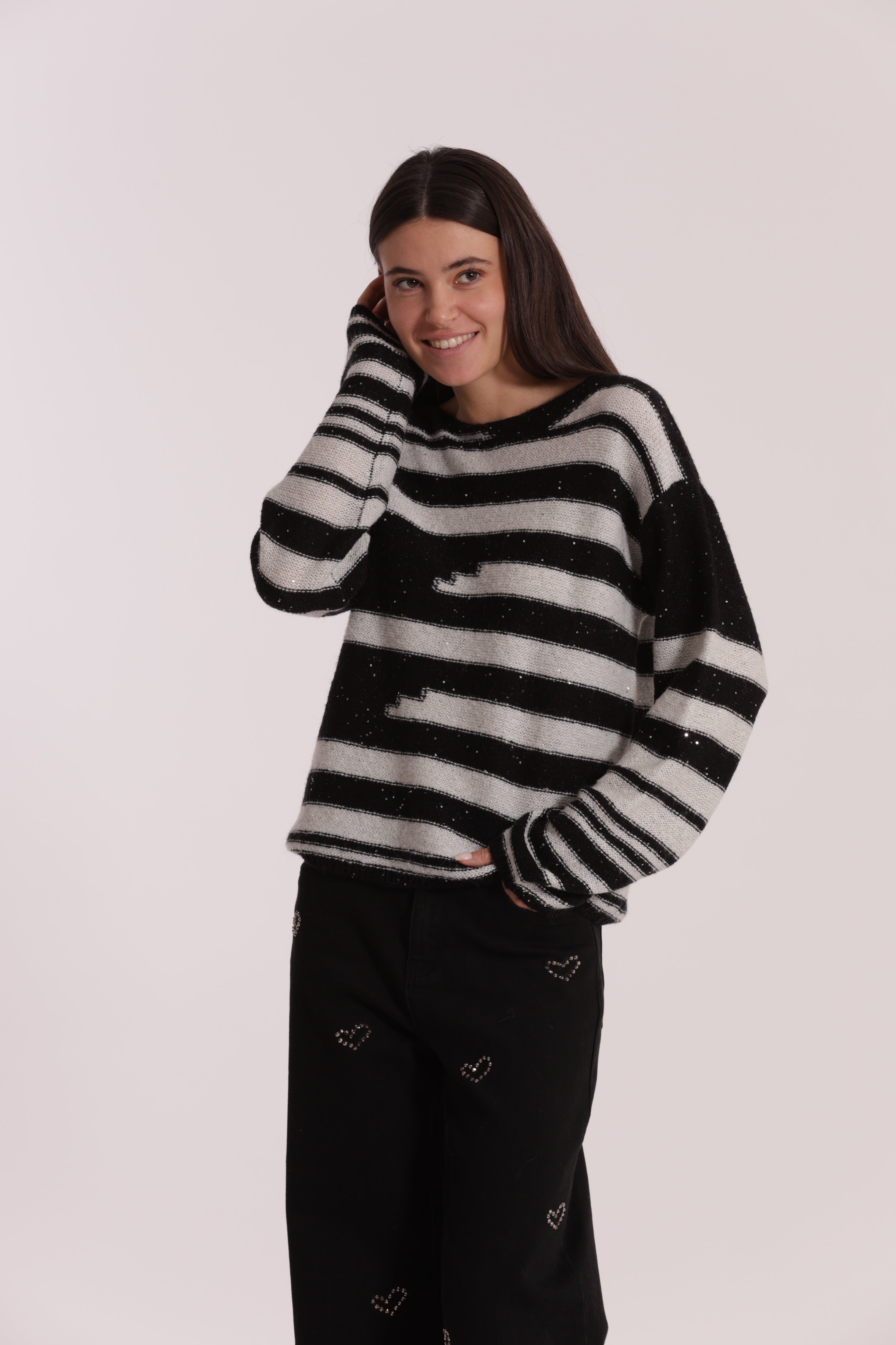 Mimi Mua Maglia a Righe e Paillettes Nero Bianco