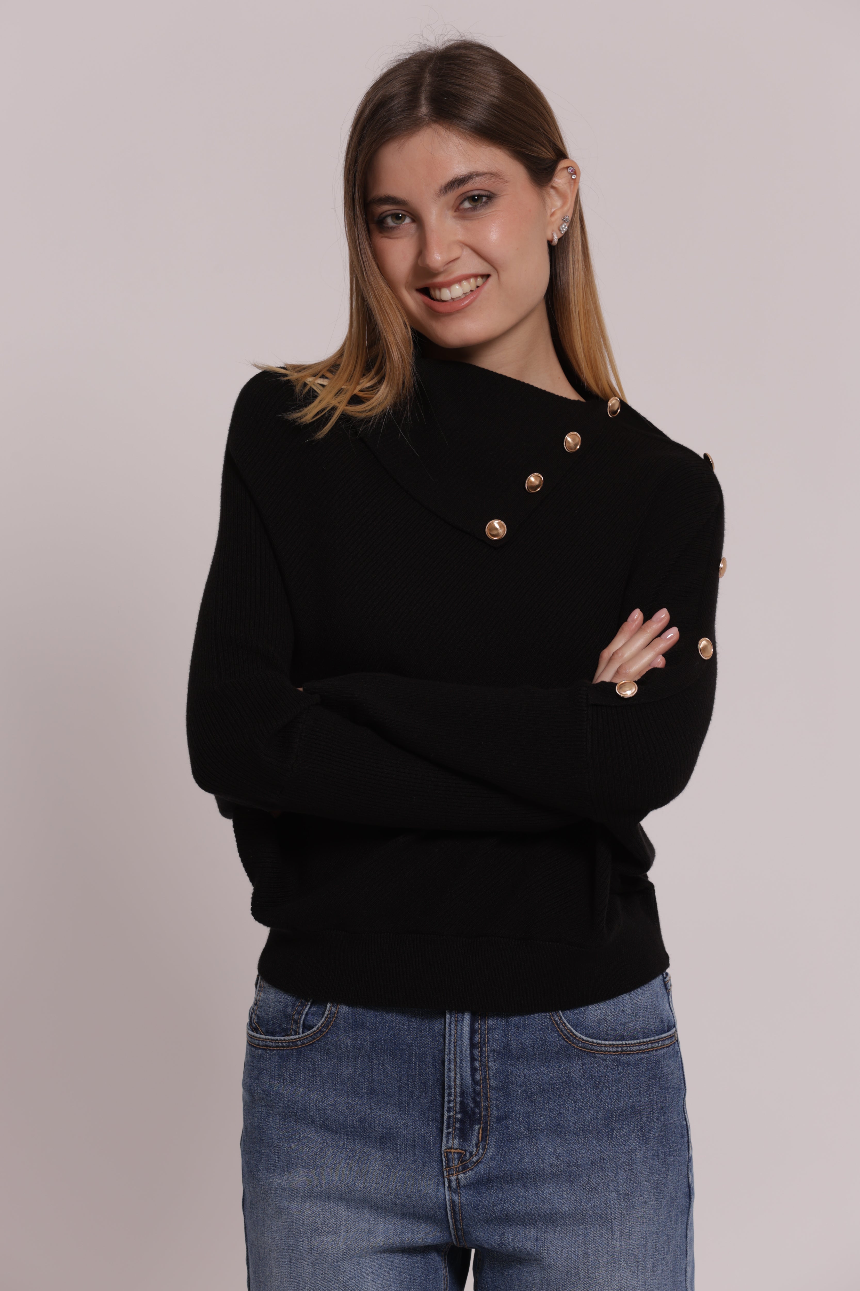 Mimi Mua Maglia Collo Alto Maglione Nero Bottoni