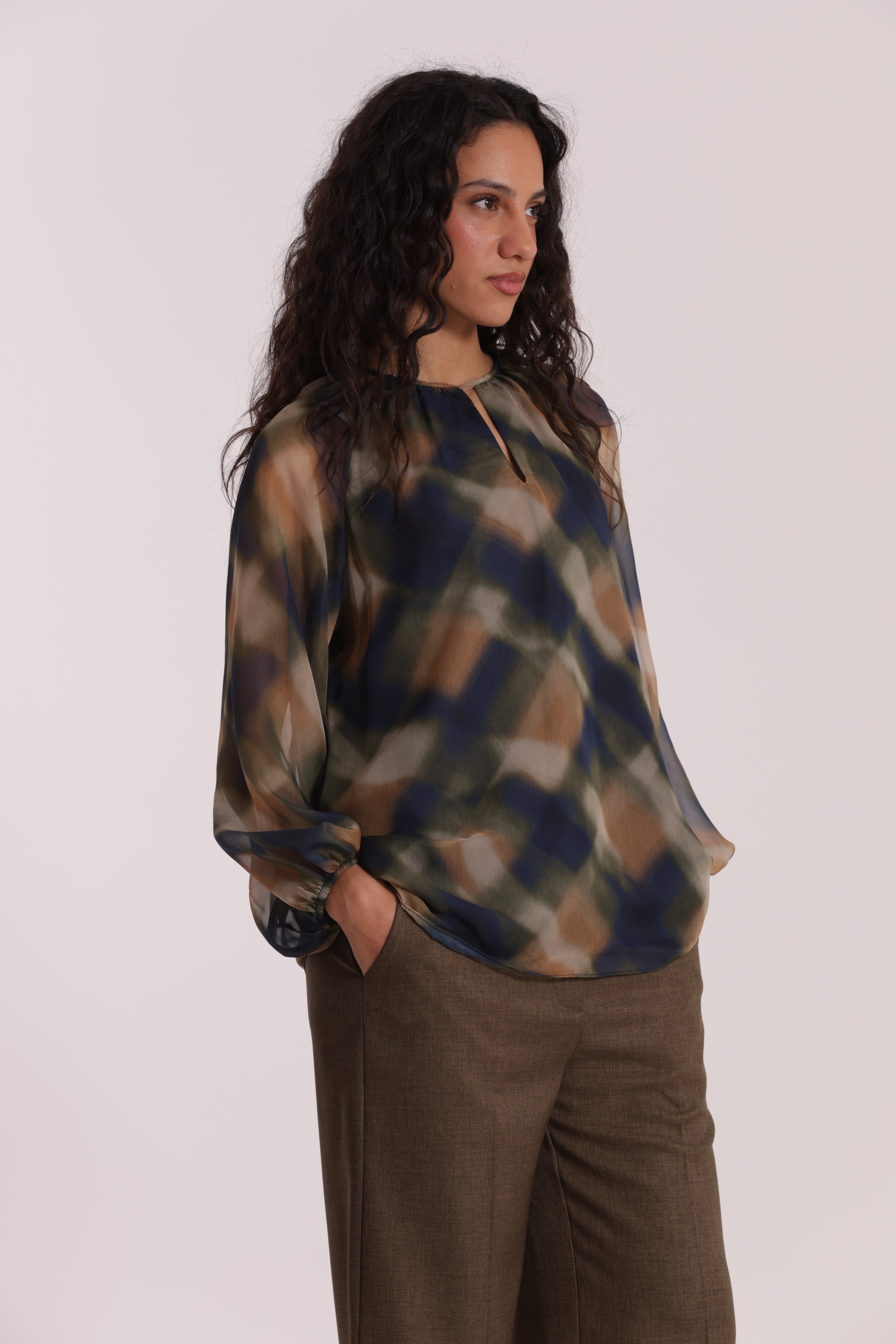 Mimi Mua Blusa Scollo Tondo blusa check blu/cammello