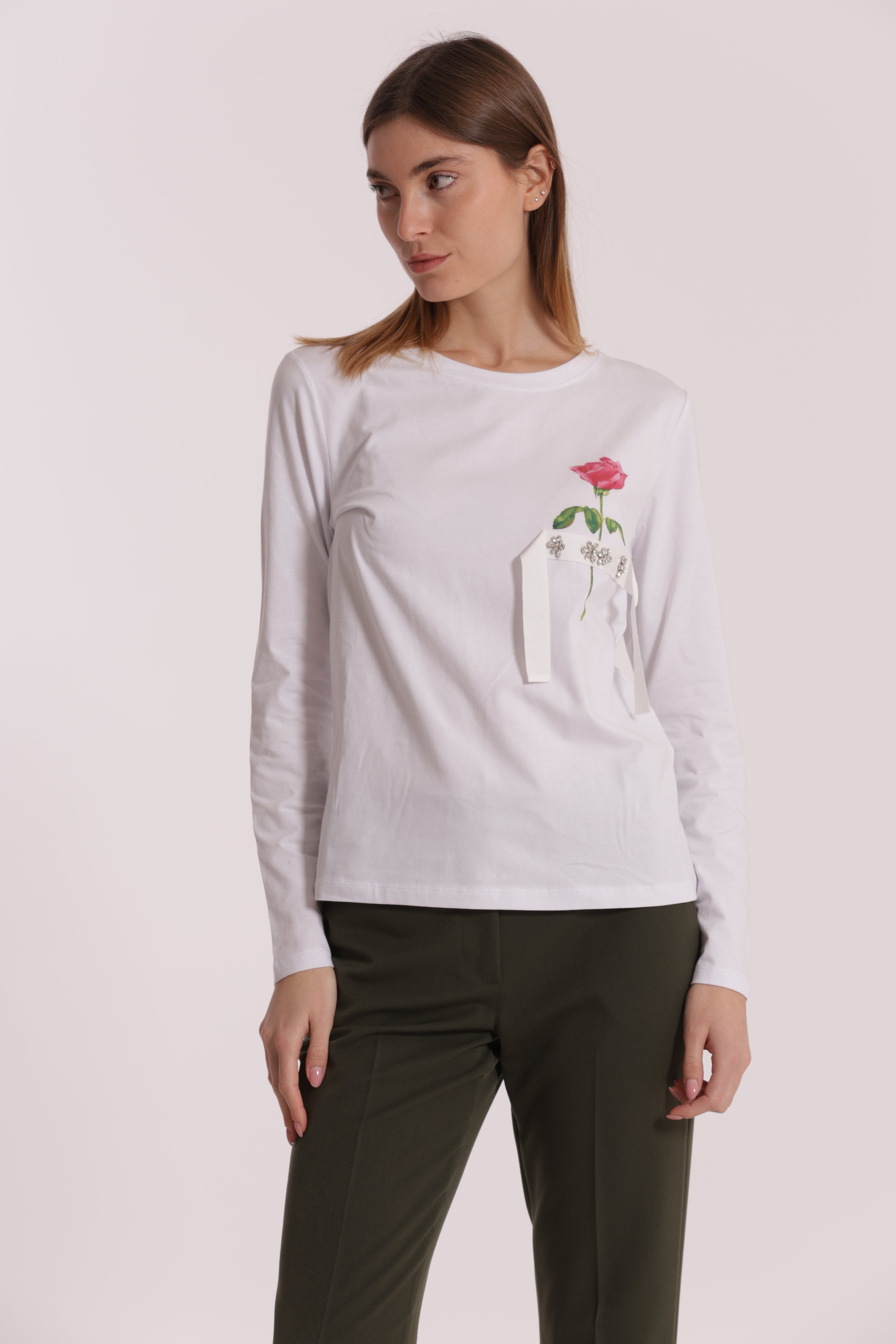 Mimi Mua t-shirt con rosa cotone bianco