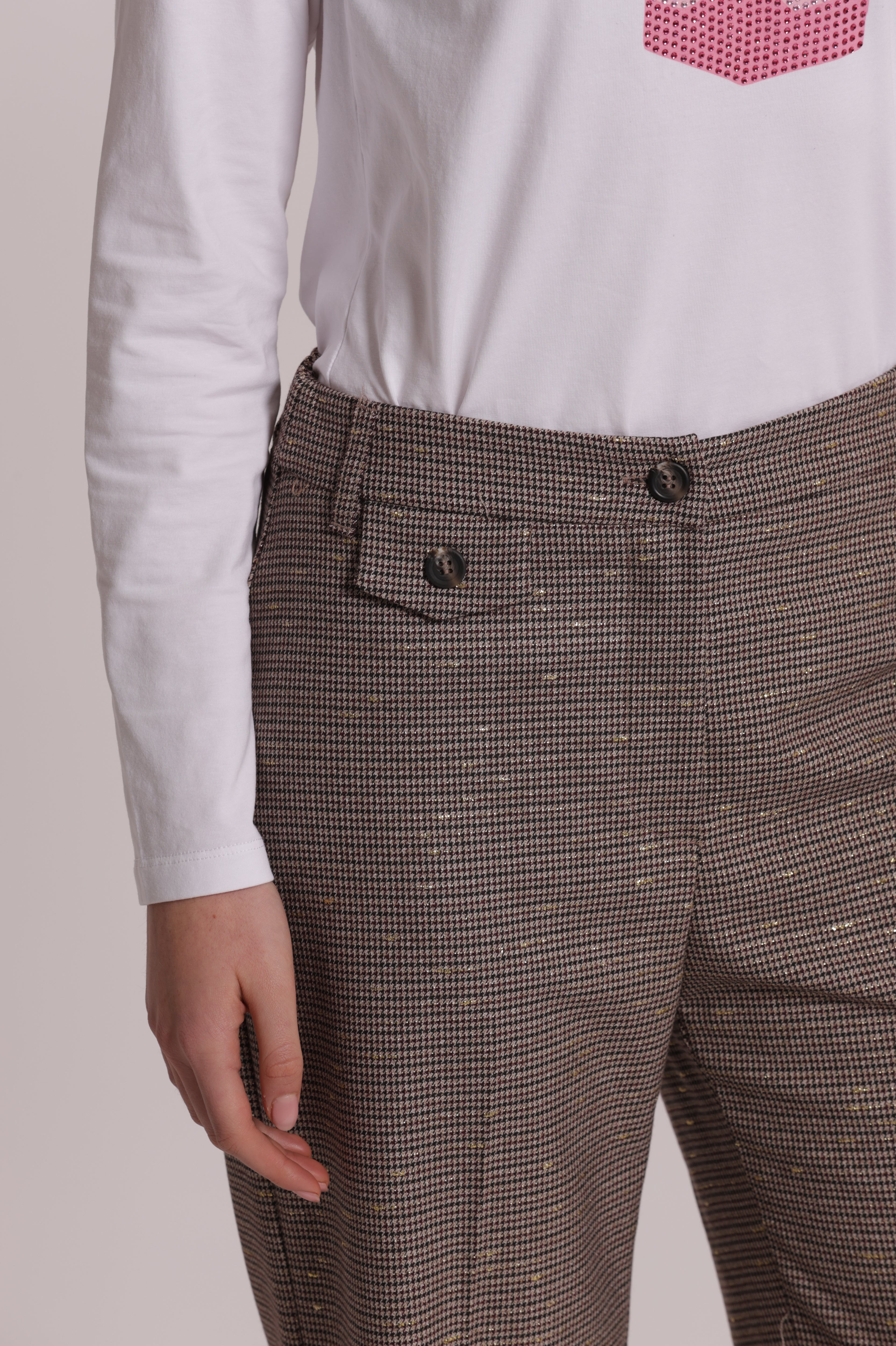 Mimi Mua Palazzo Pied de Poule Lurex Pantaloni Bordeaux Beige