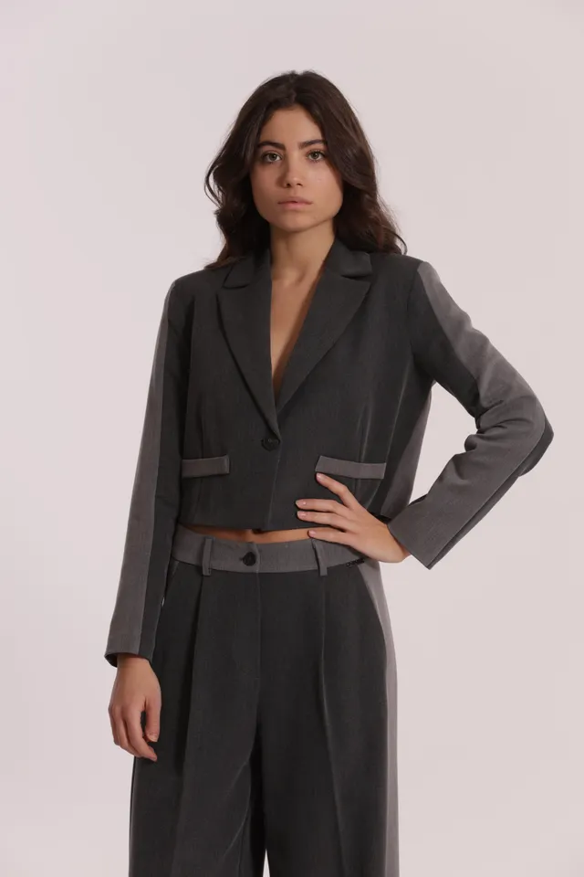 Mimi Mua Color Block giacca grigio blu cropped