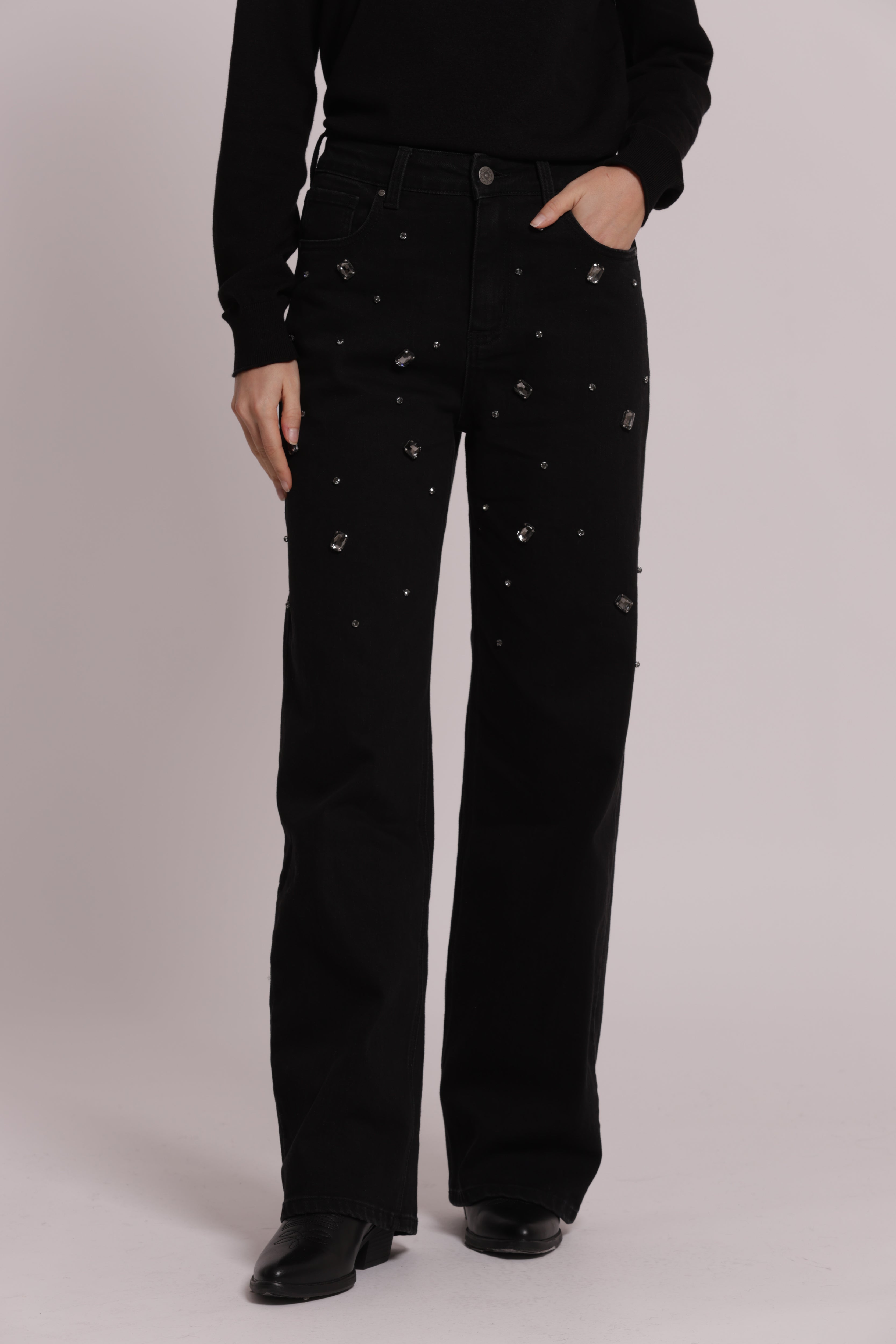 Mimi Mua Wide Leg Castoni Gioiello Jeans Nero denim