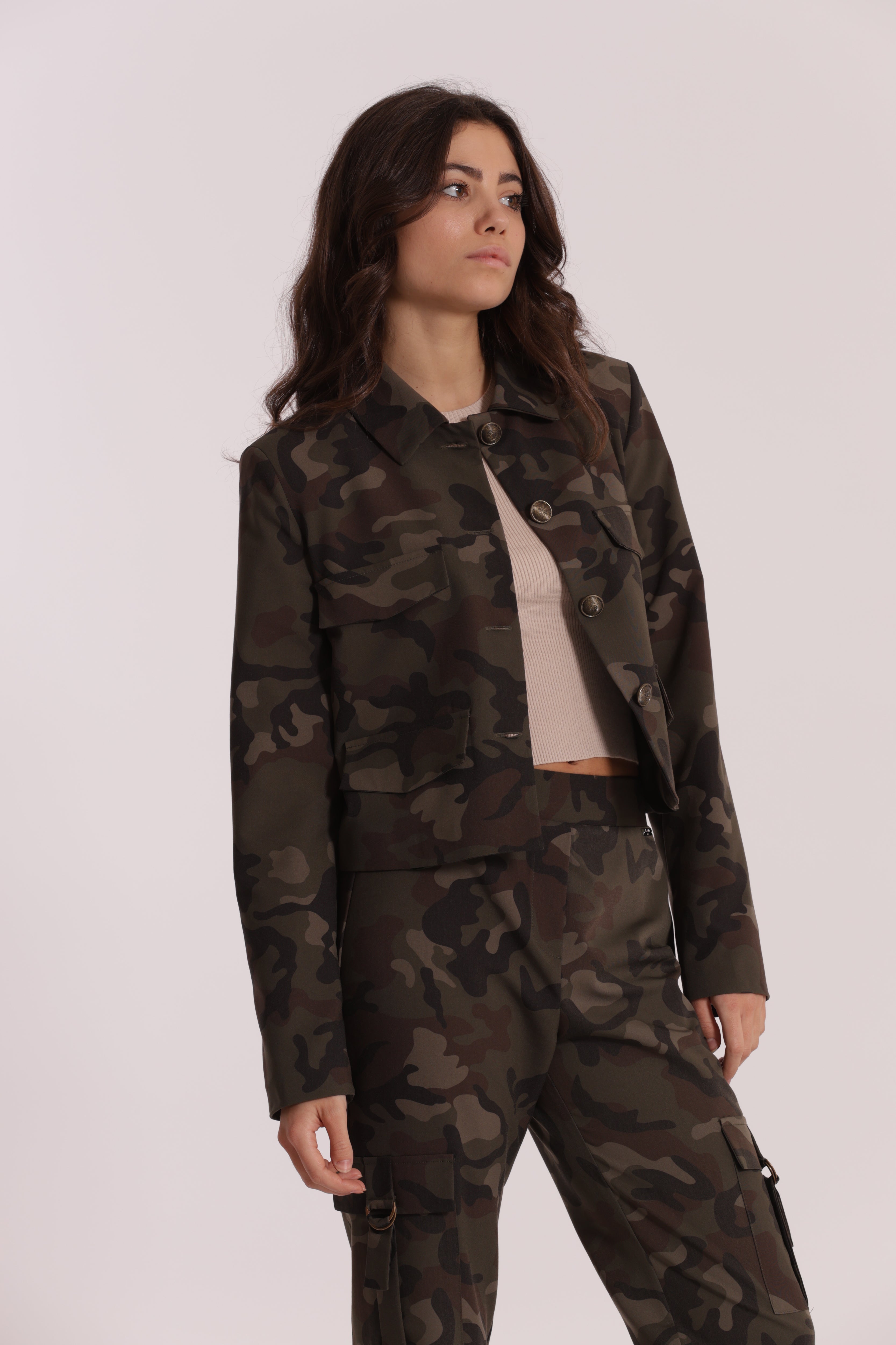 Mimi Mua Giacca Cropped Camouflage Verde Militare