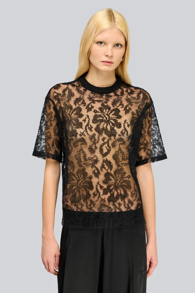 Semicouture Cheriche t-shirt nera in tulle ricamato