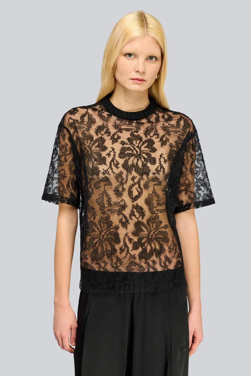 Semicouture Cheriche t-shirt nera in tulle ricamato