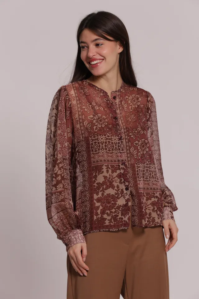 Mimi Mua Camicia senza colletto patchwork camicia cammello