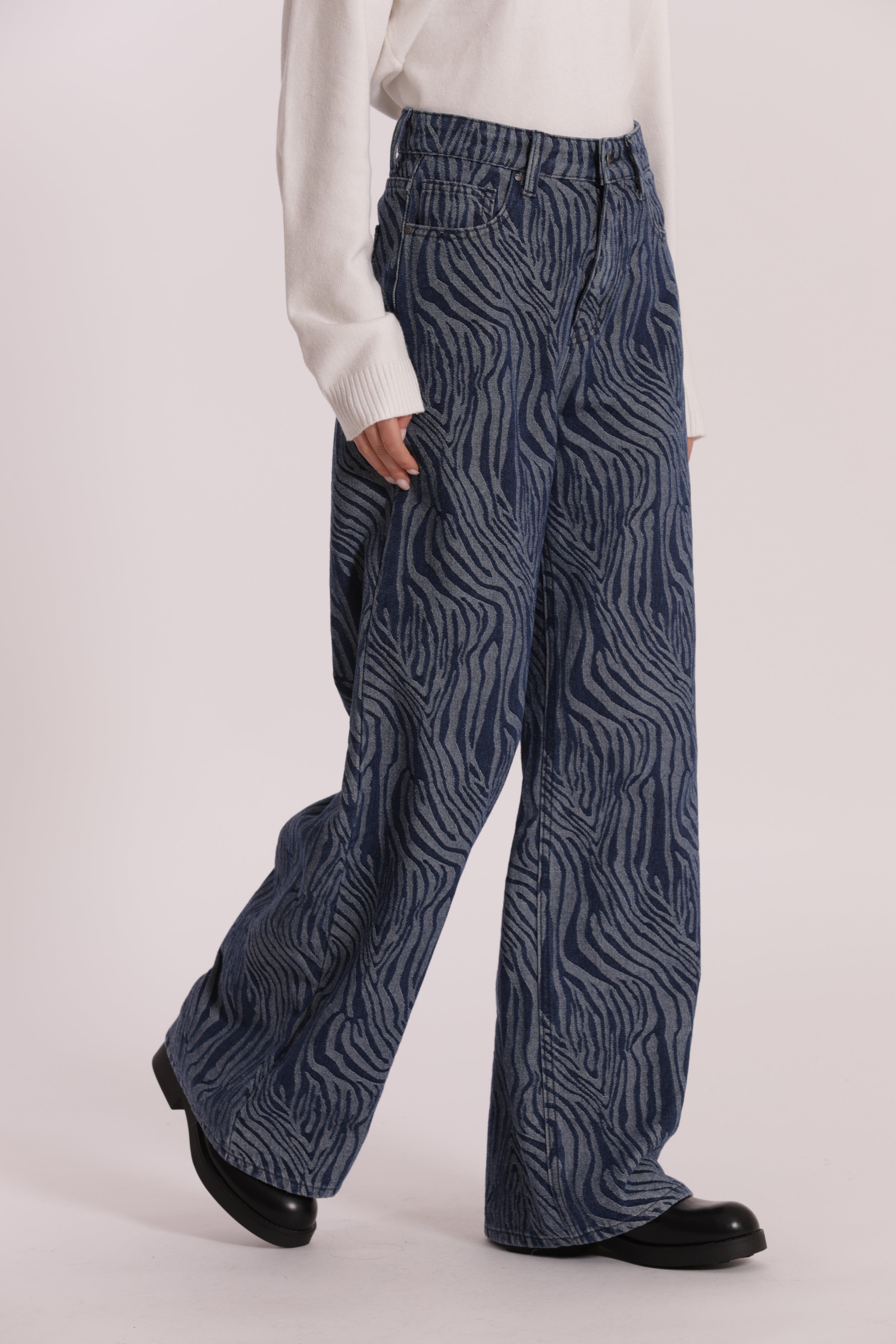 Mimi Mua Jeans Palazzo Jacquard Animalier Blu Scuro