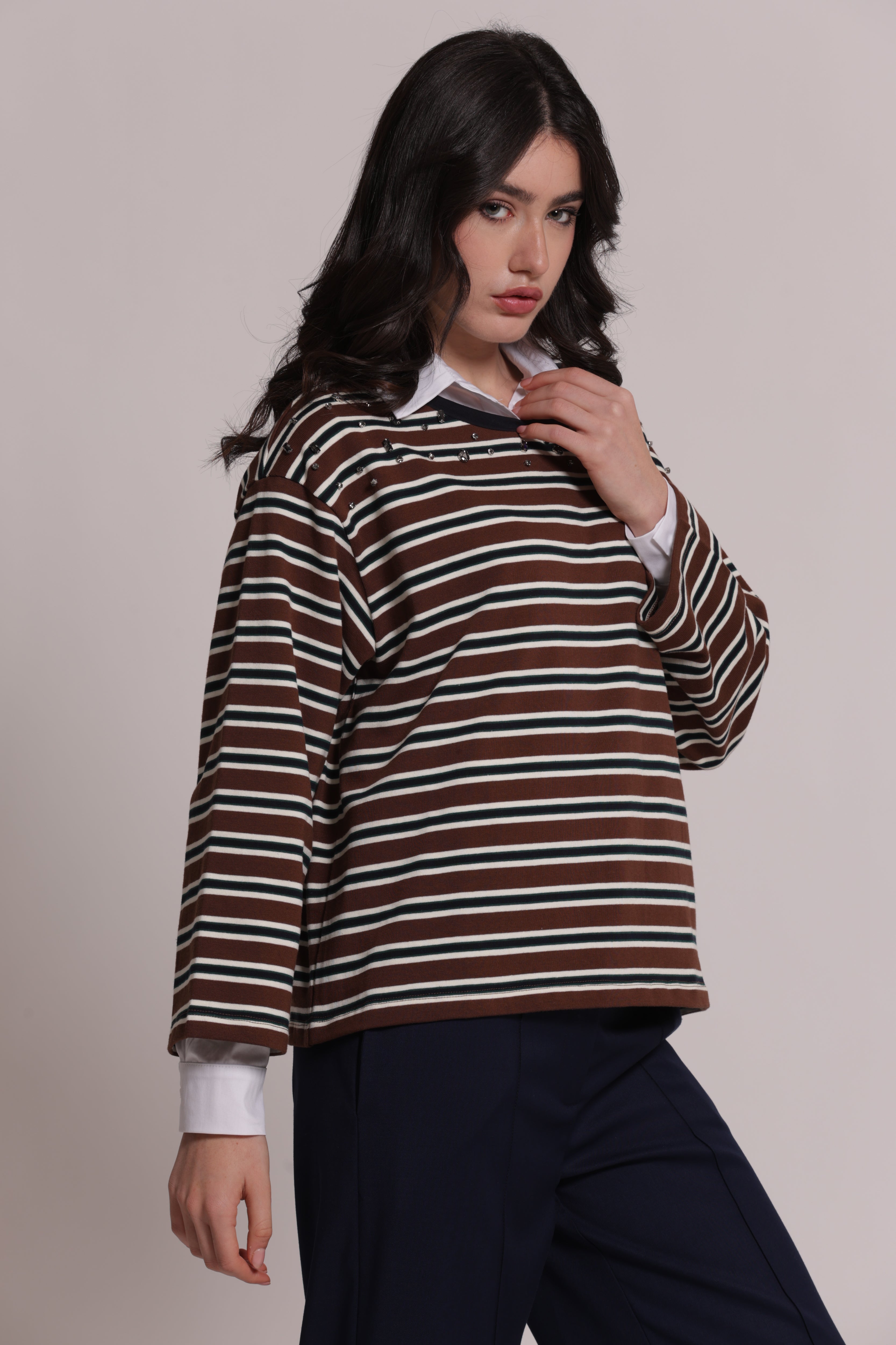 Mimi Mua Righe con Applicazioni t-shirt marrone cotone