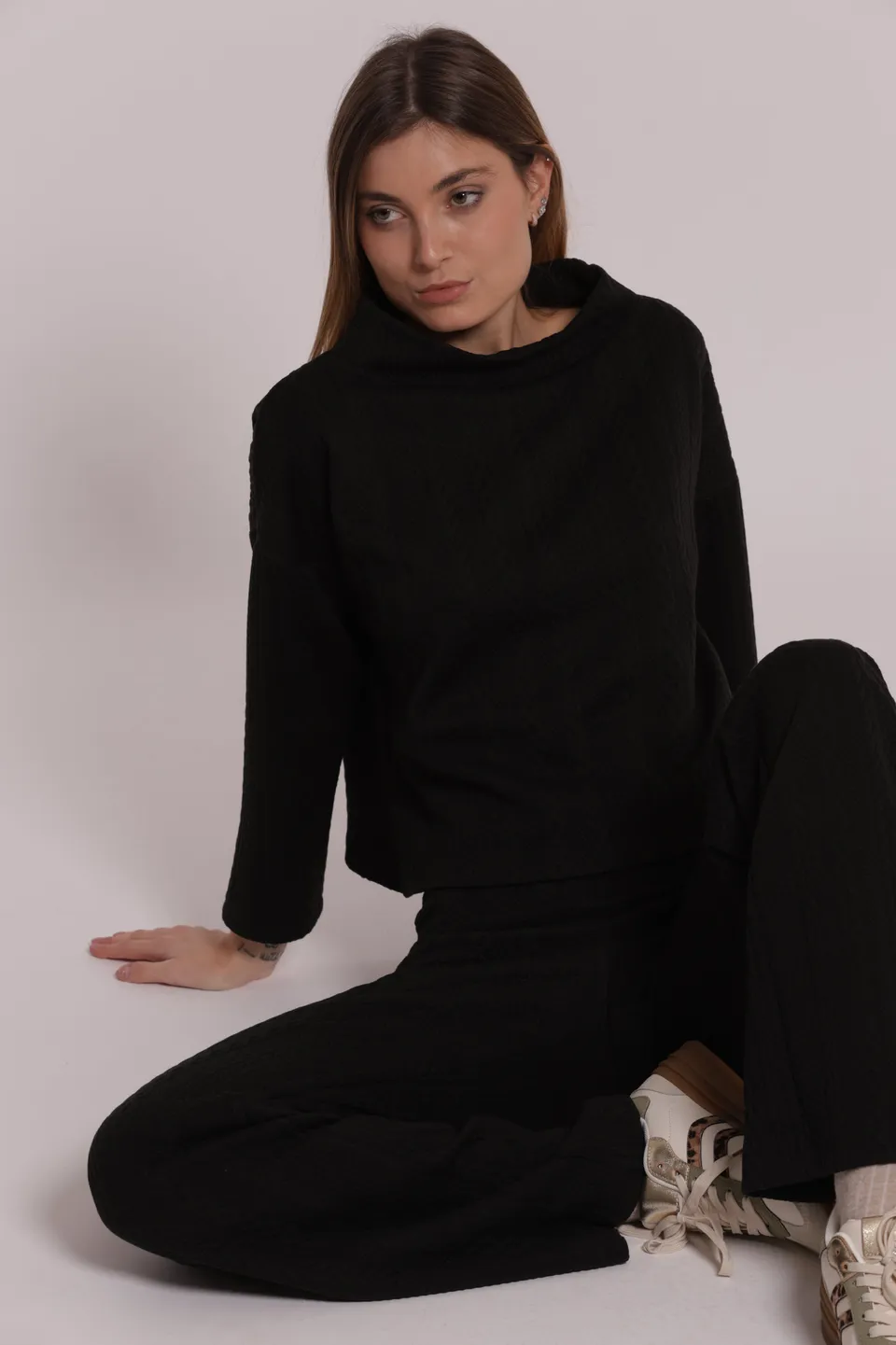 Mimi Mua Felpa Punto Milano Treccia Felpa Nero girocollo caldo