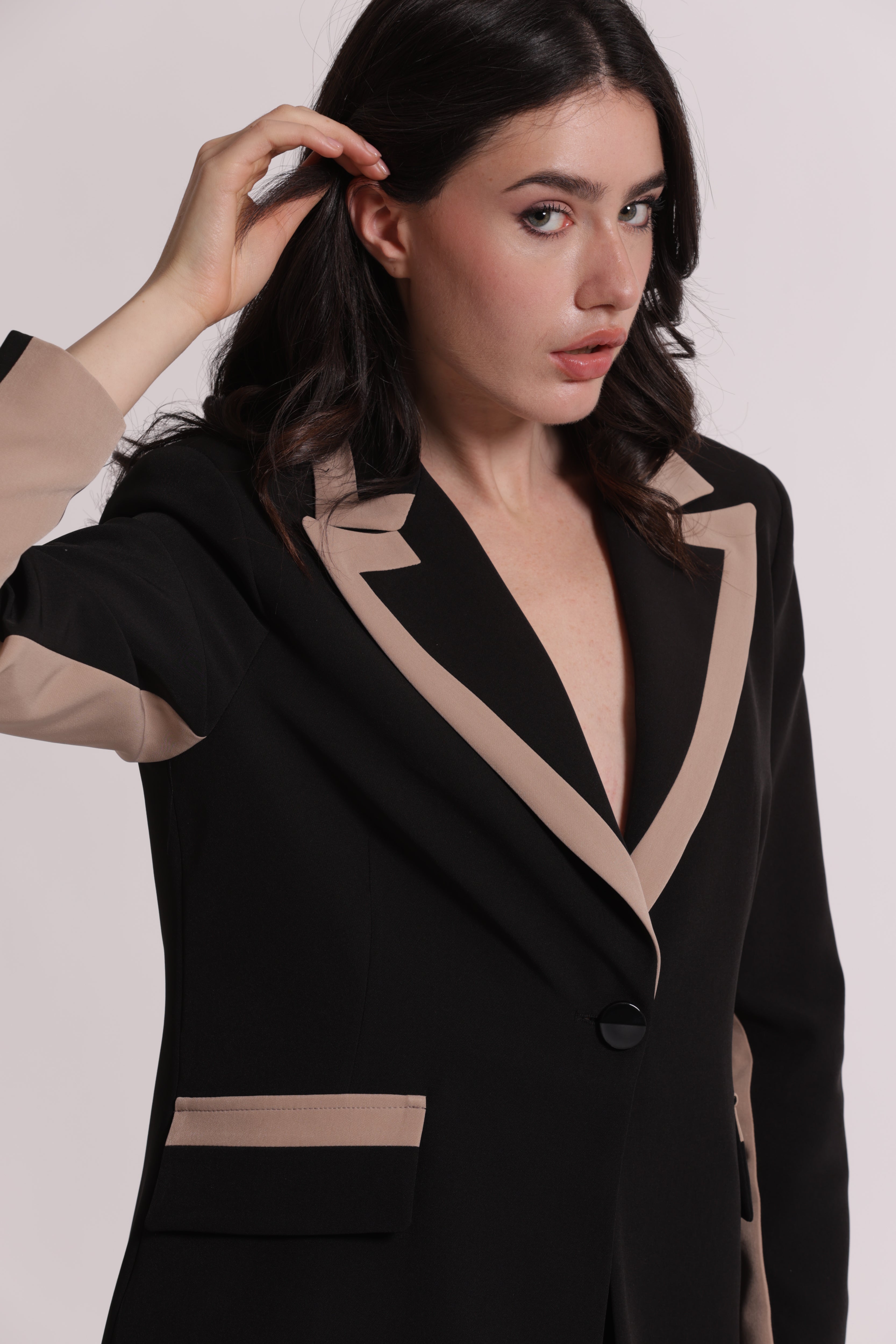 Mimi Mua Lunga Bicolor Tessuto Tecnico Giacca Nero/Beige