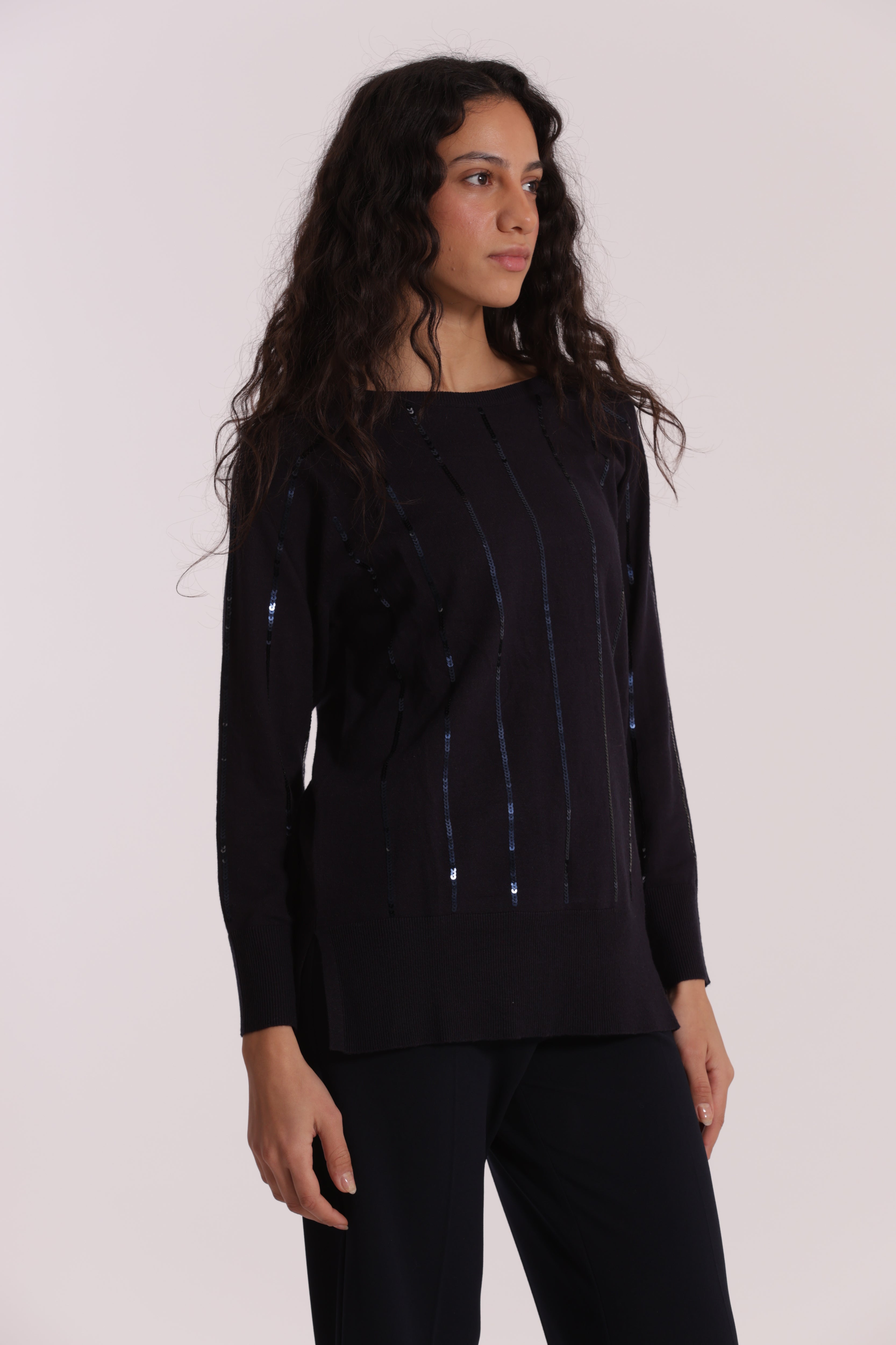 Mimi Mua Maglia Over Spacchi Laterali Paillettes Nera
